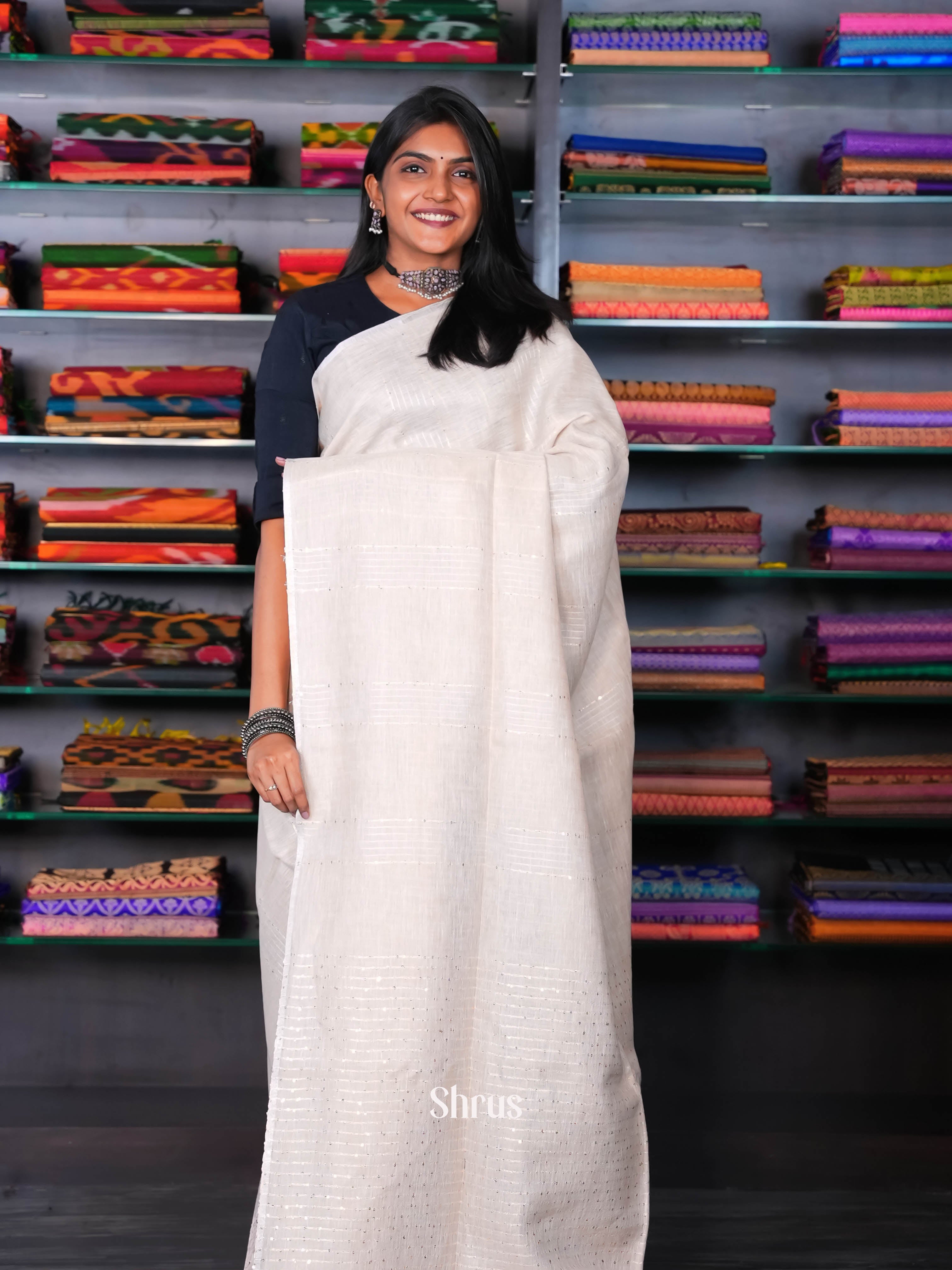 Cream - Linen Saree - Shop on ShrusEternity.com