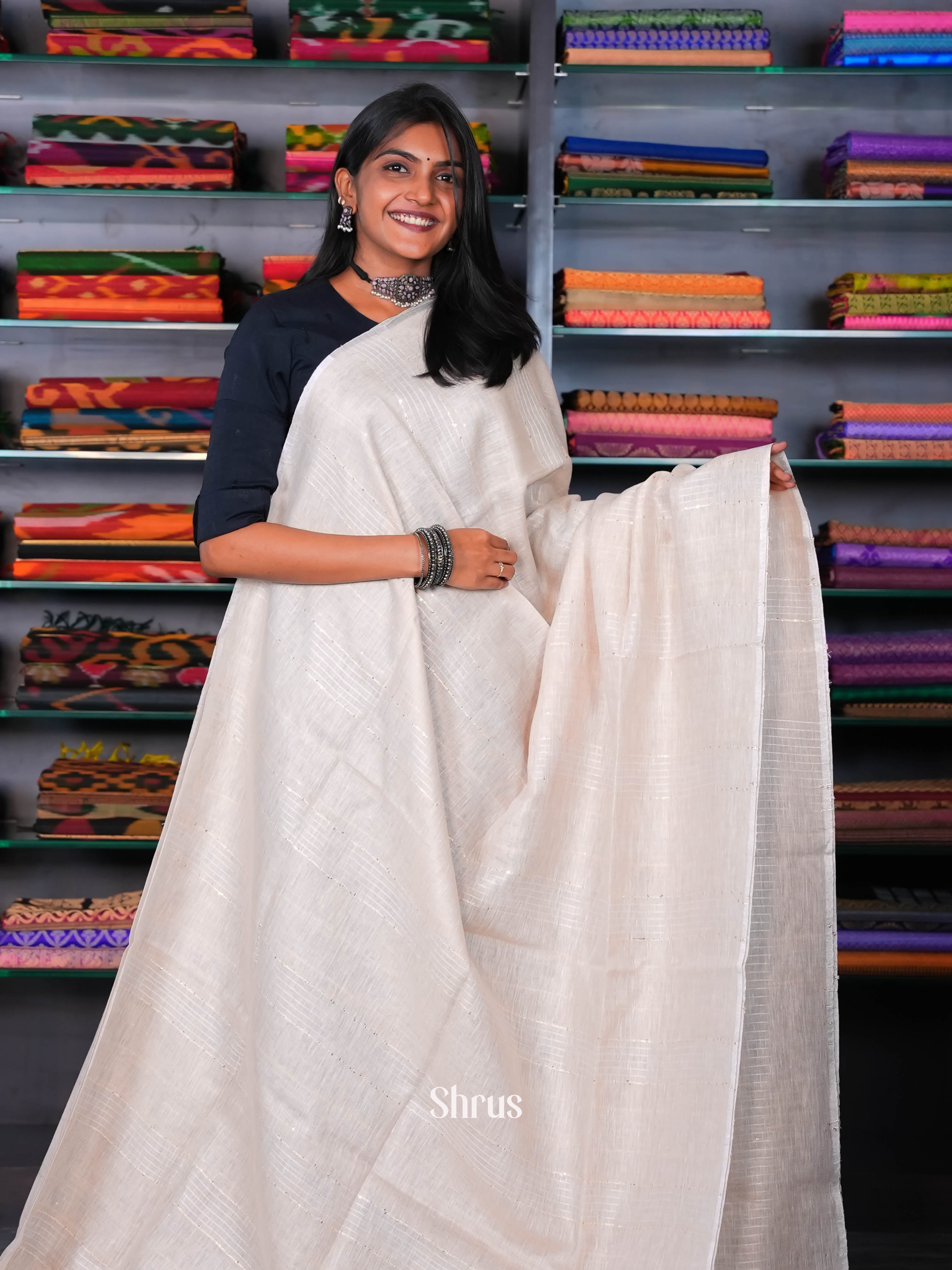 Cream - Linen Saree - Shop on ShrusEternity.com