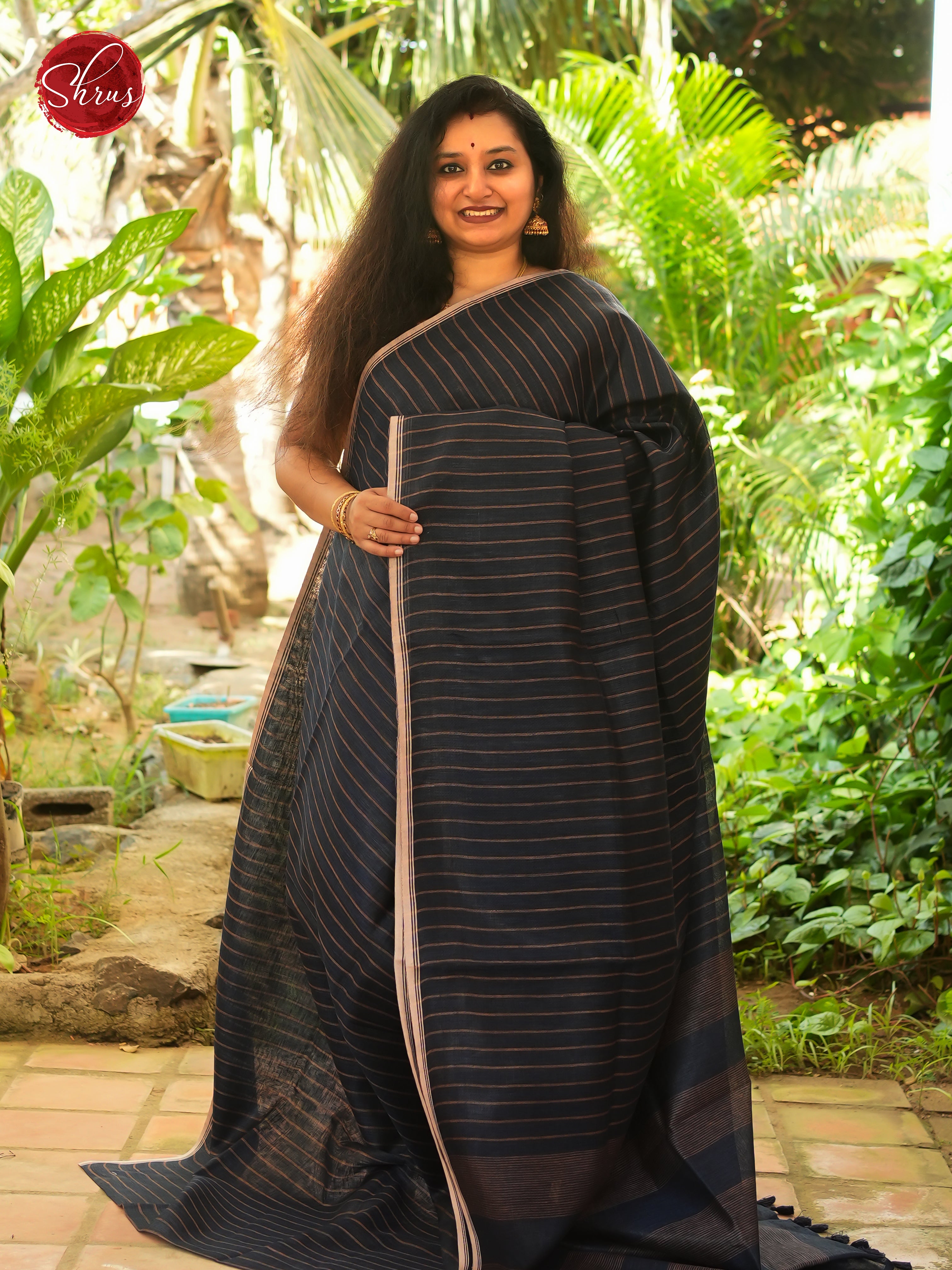 Navy Blue - Linen Saree - Shop on ShrusEternity.com