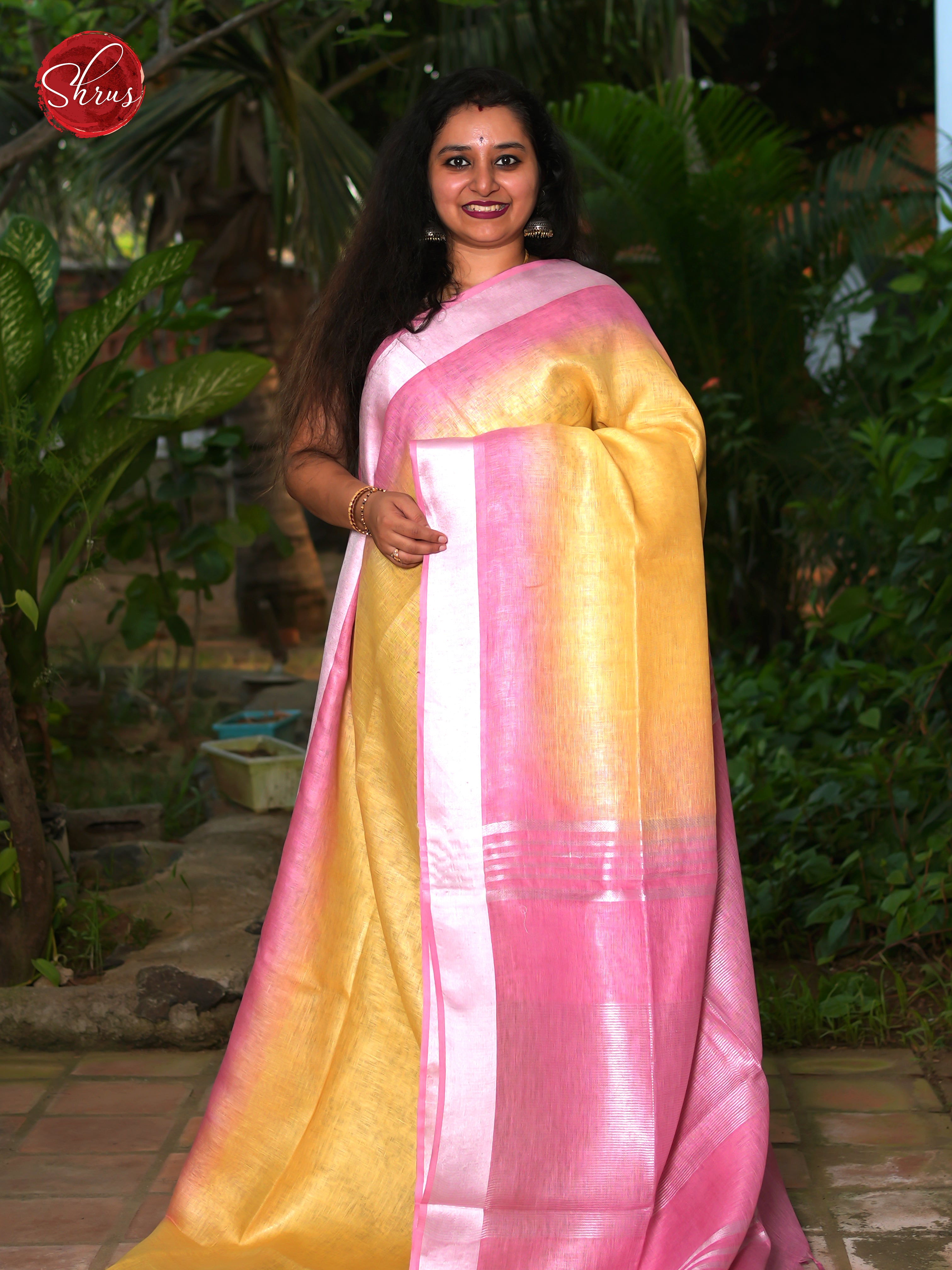 Yellow & Pink - Linen Saree - Shop on ShrusEternity.com
