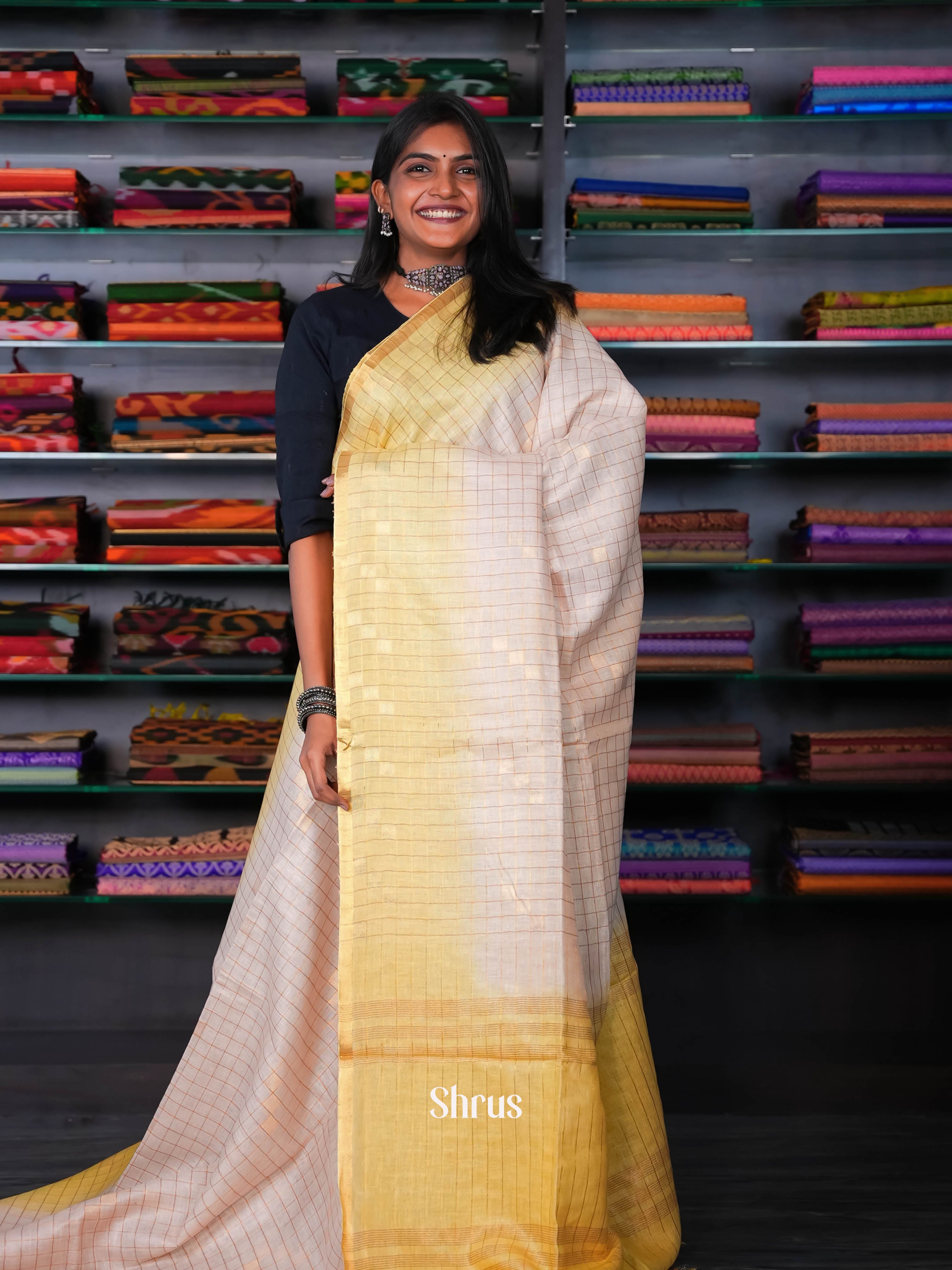 cream & Yellow - Linen Saree - Shop on ShrusEternity.com
