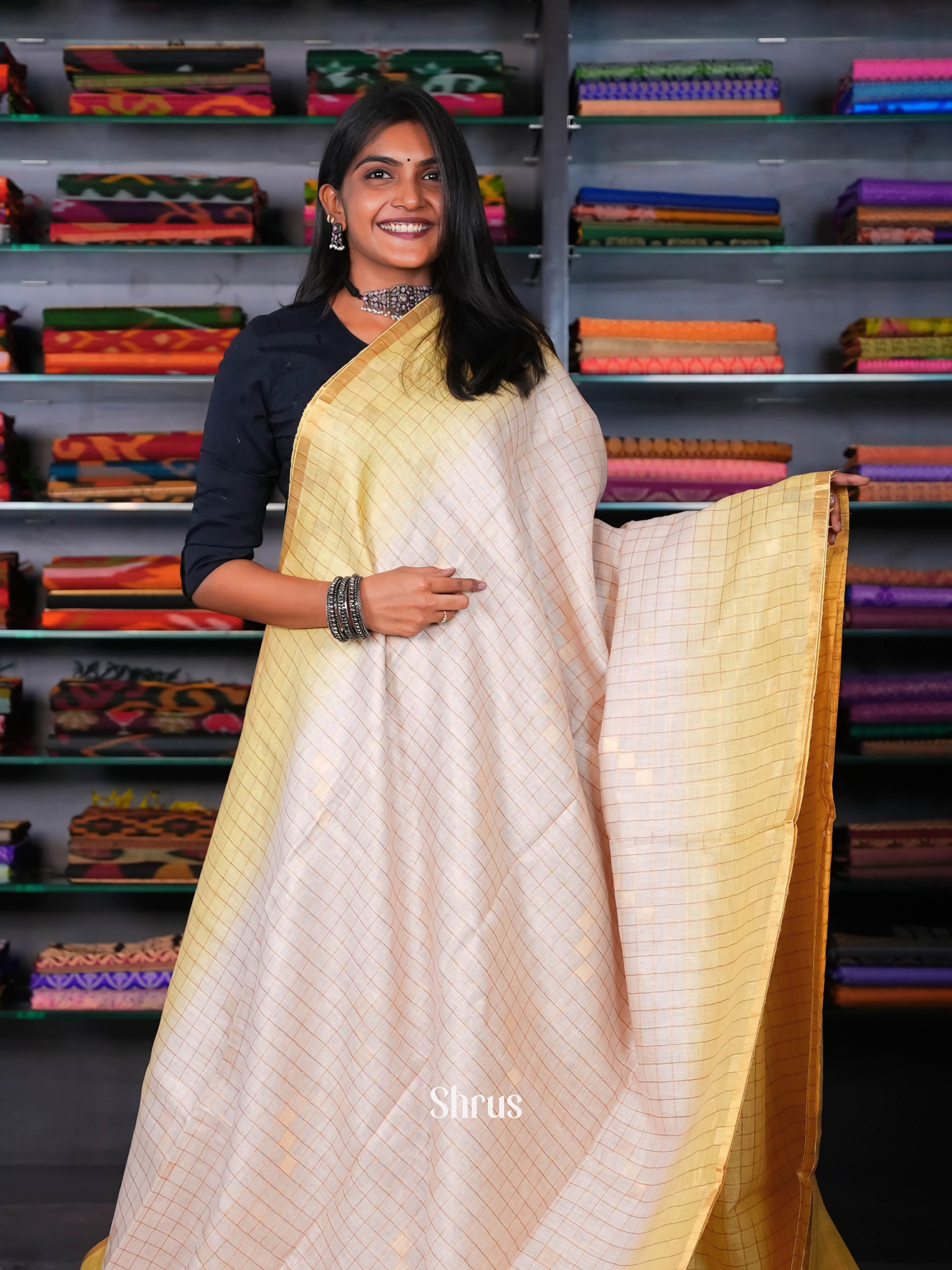 cream & Yellow - Linen Saree - Shop on ShrusEternity.com