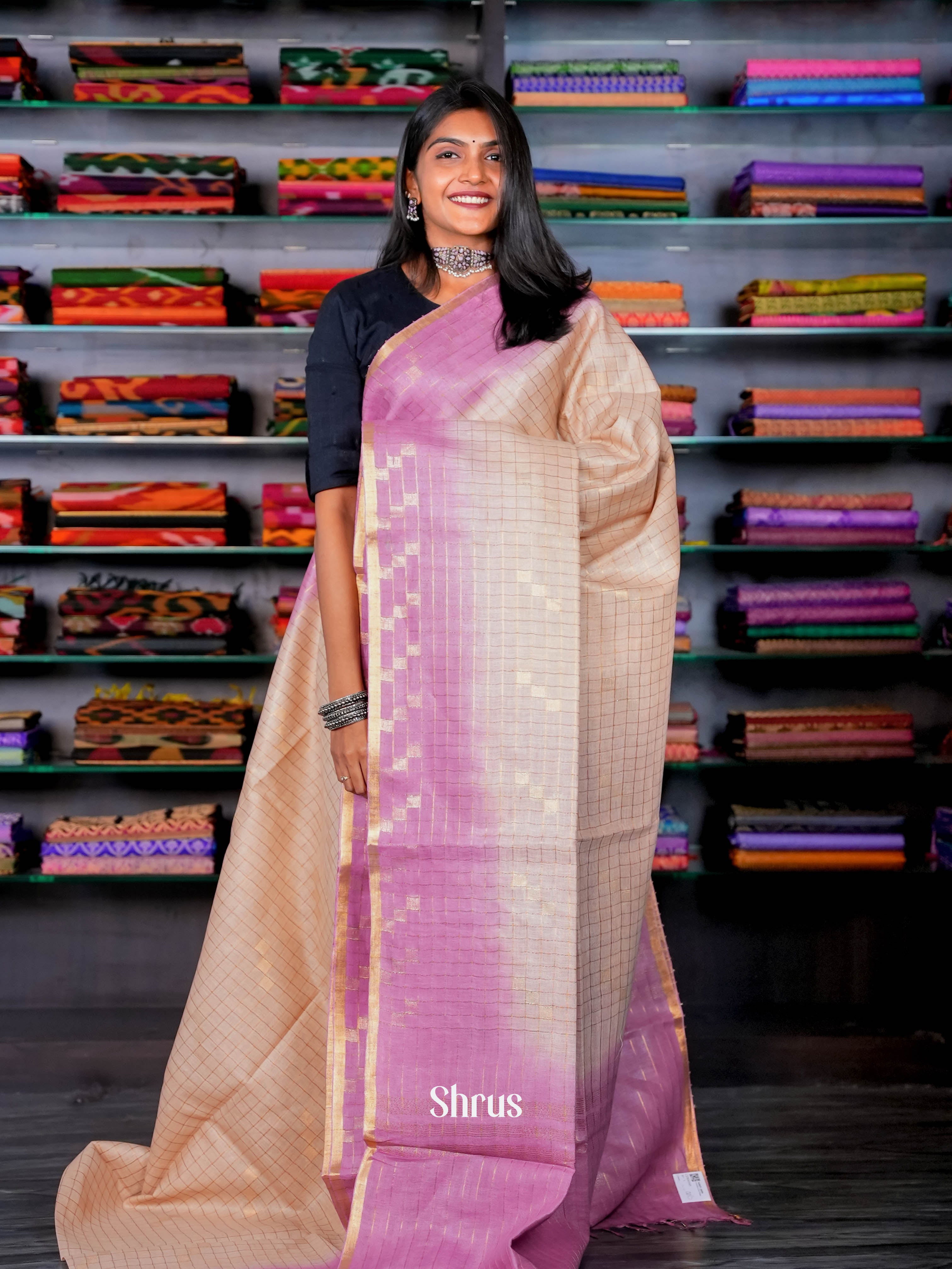 Cream & Pink - Linen Saree - Shop on ShrusEternity.com