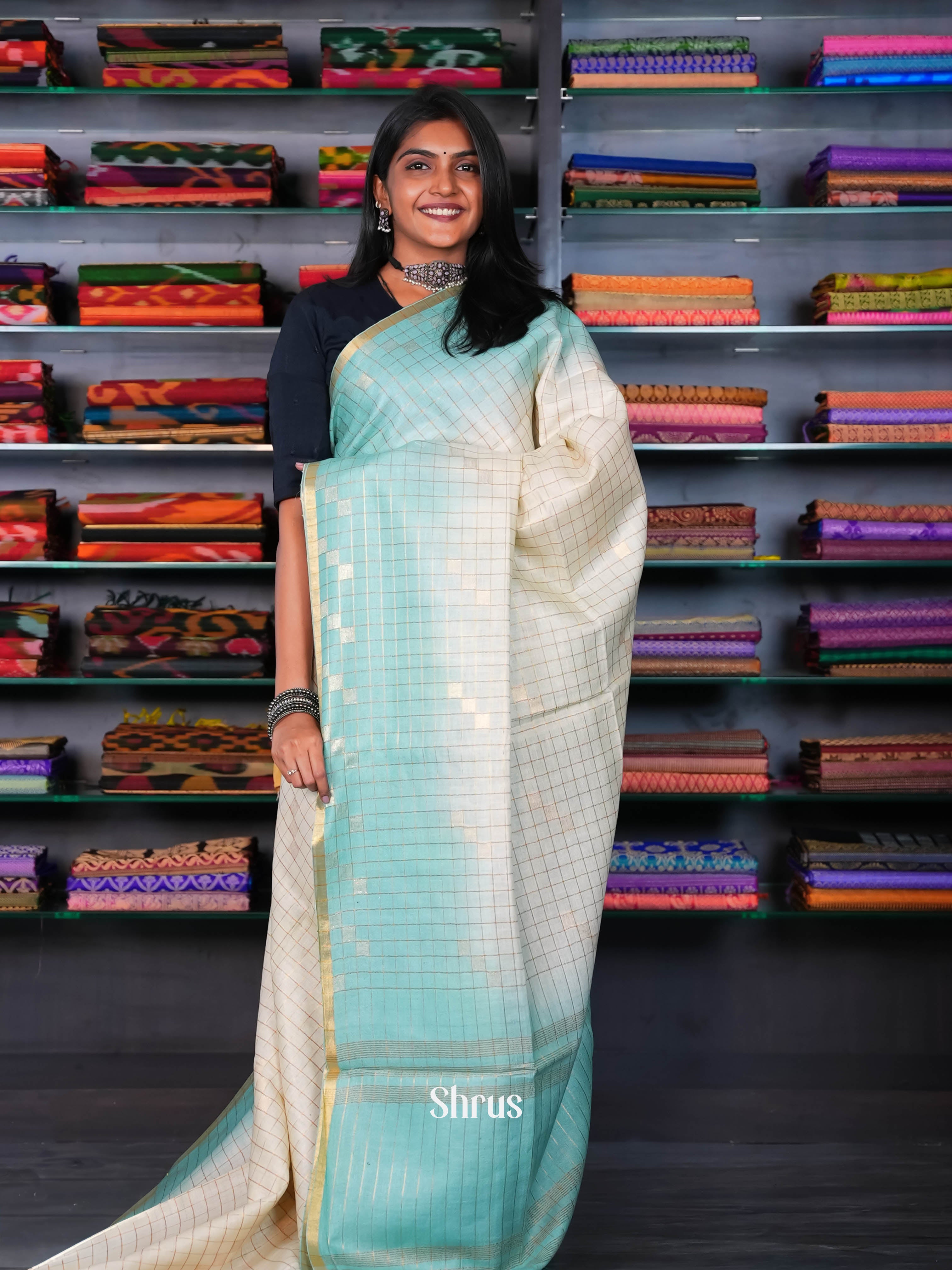 Cream & Teal - Linen Saree - Shop on ShrusEternity.com