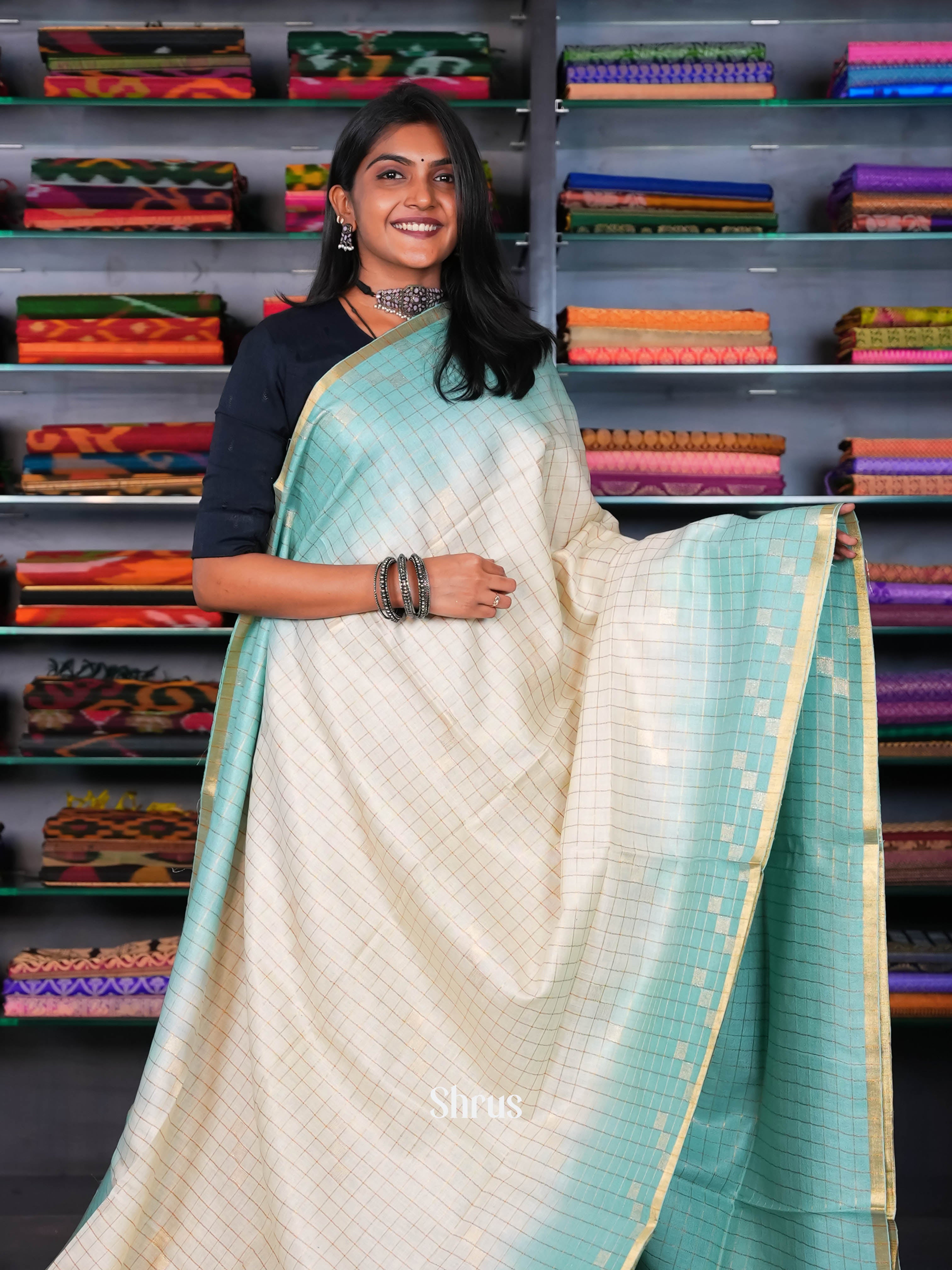 Cream & Teal - Linen Saree - Shop on ShrusEternity.com
