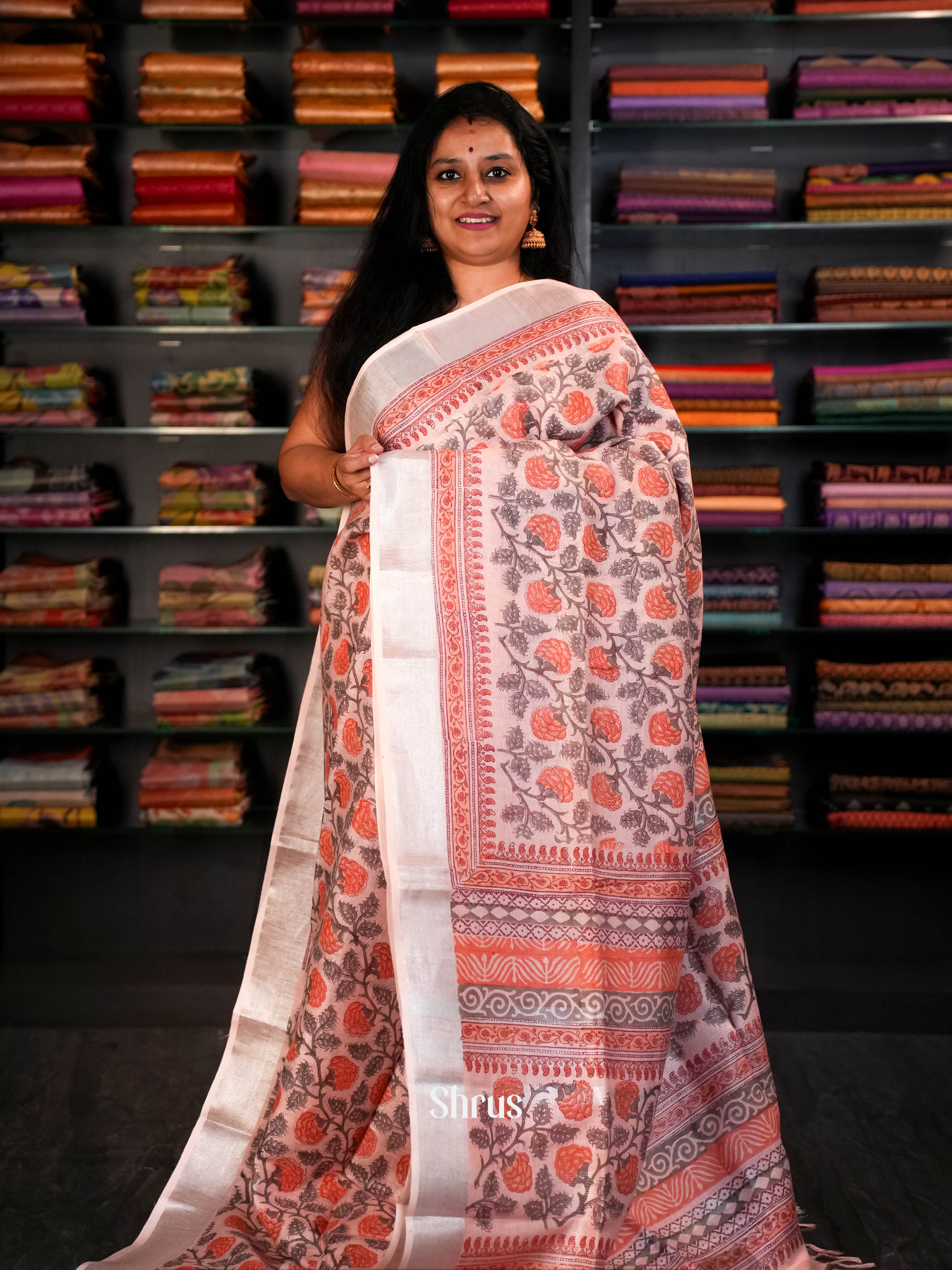 Peach - Linen Saree Saree - Shop on ShrusEternity.com