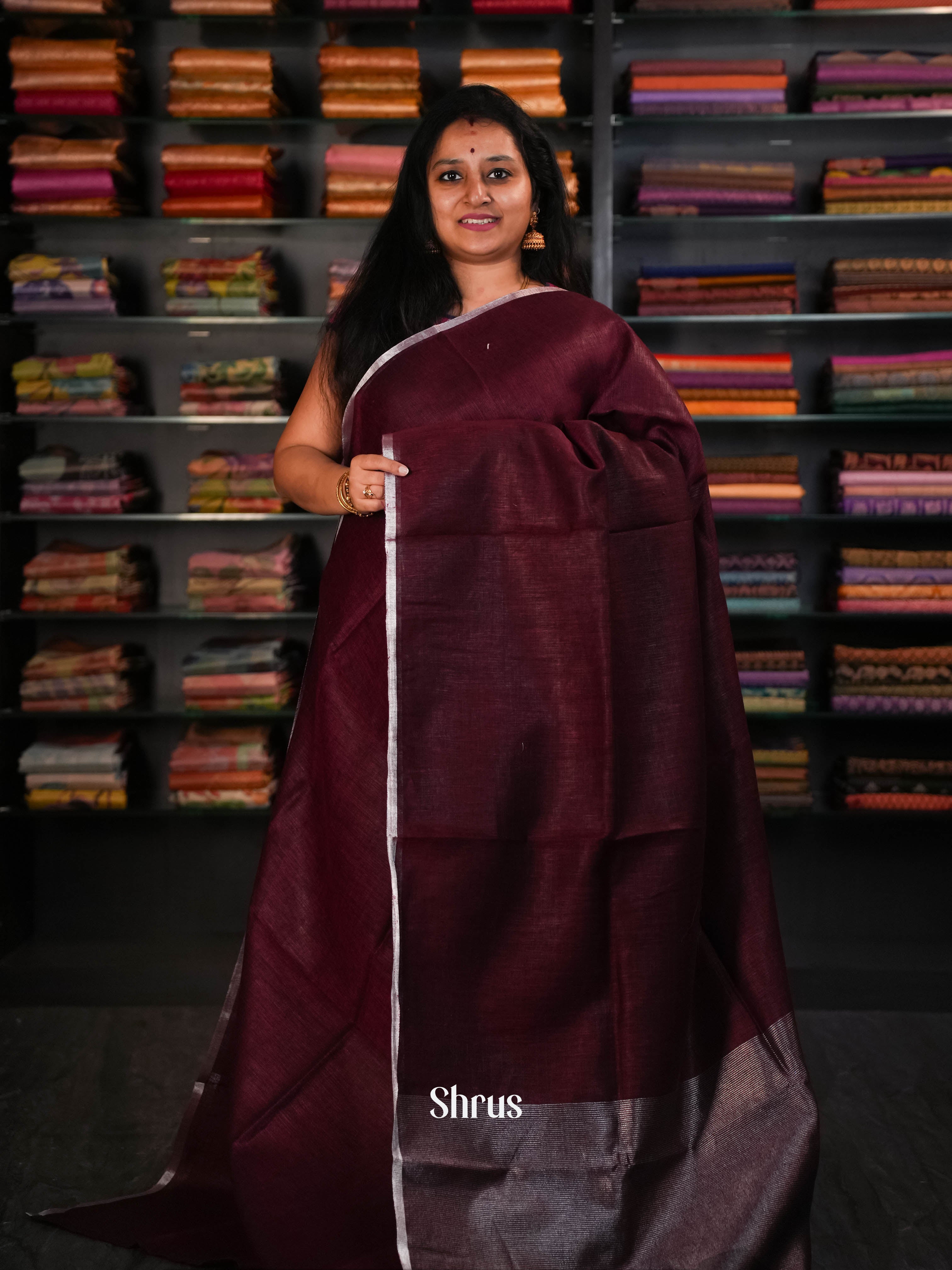 Maroon - Linen Saree Saree - Shop on ShrusEternity.com