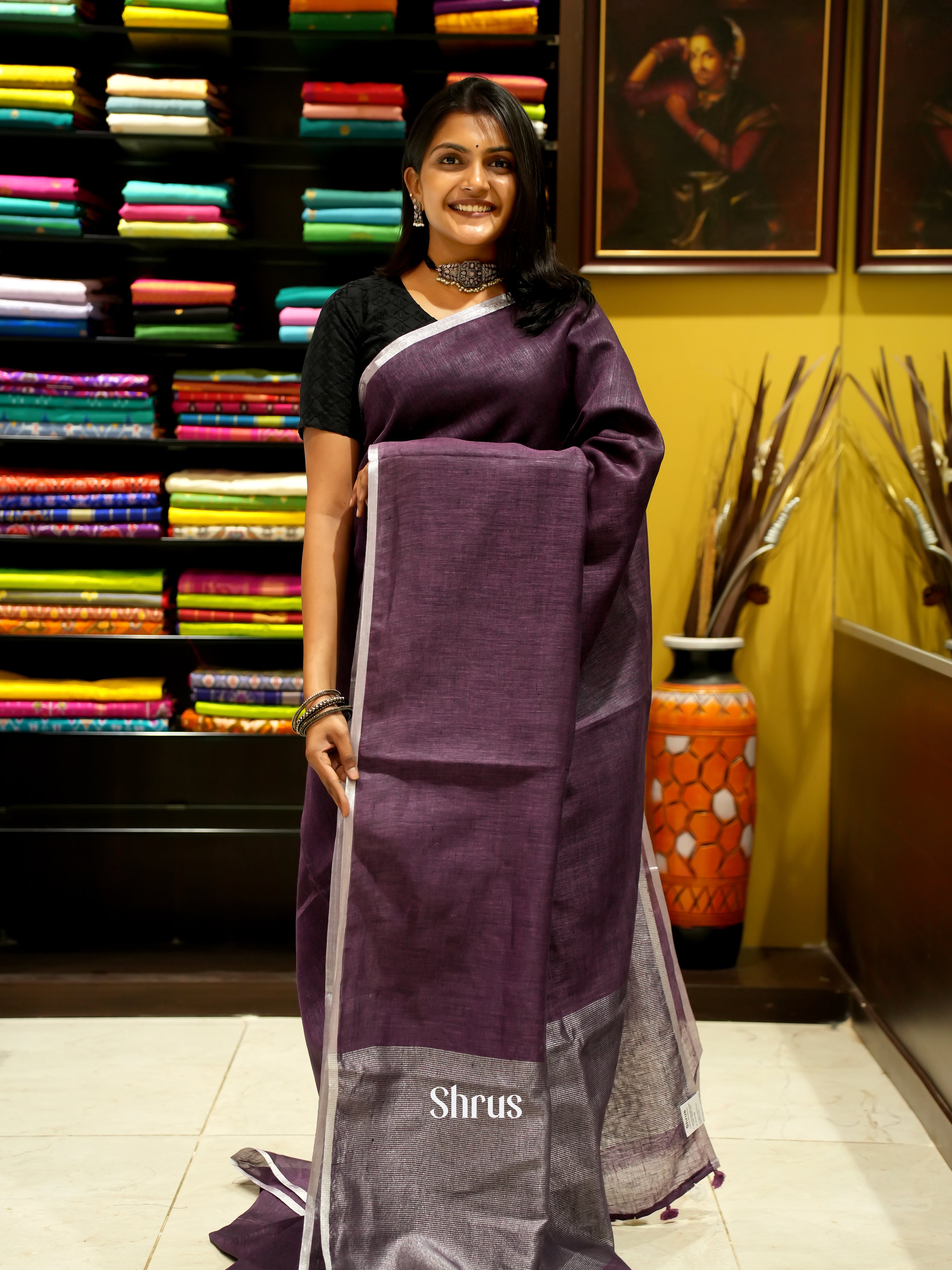 Brown - Linen Saree - Shop on ShrusEternity.com