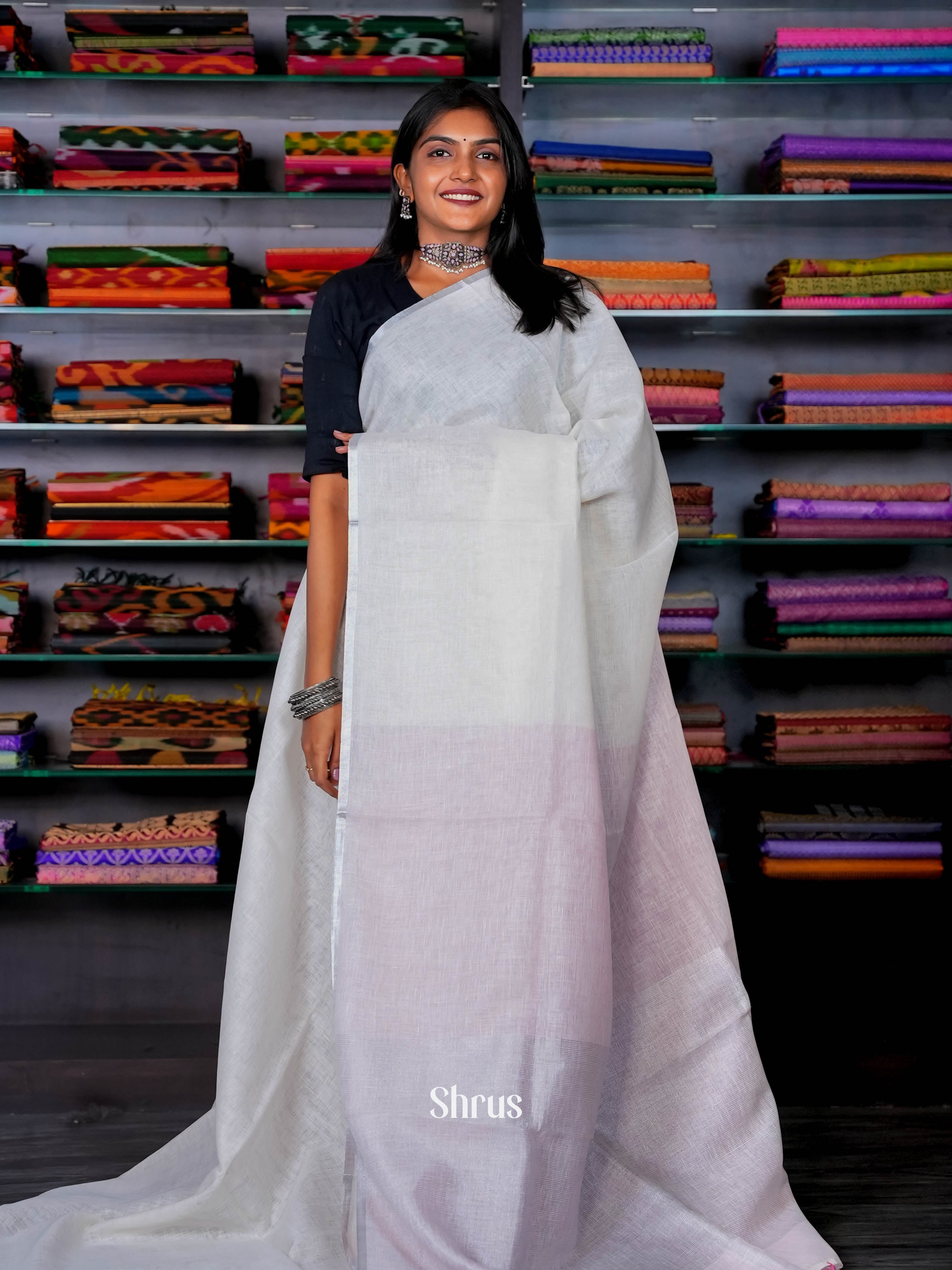 Cream & Pink - Linen Saree - Shop on ShrusEternity.com