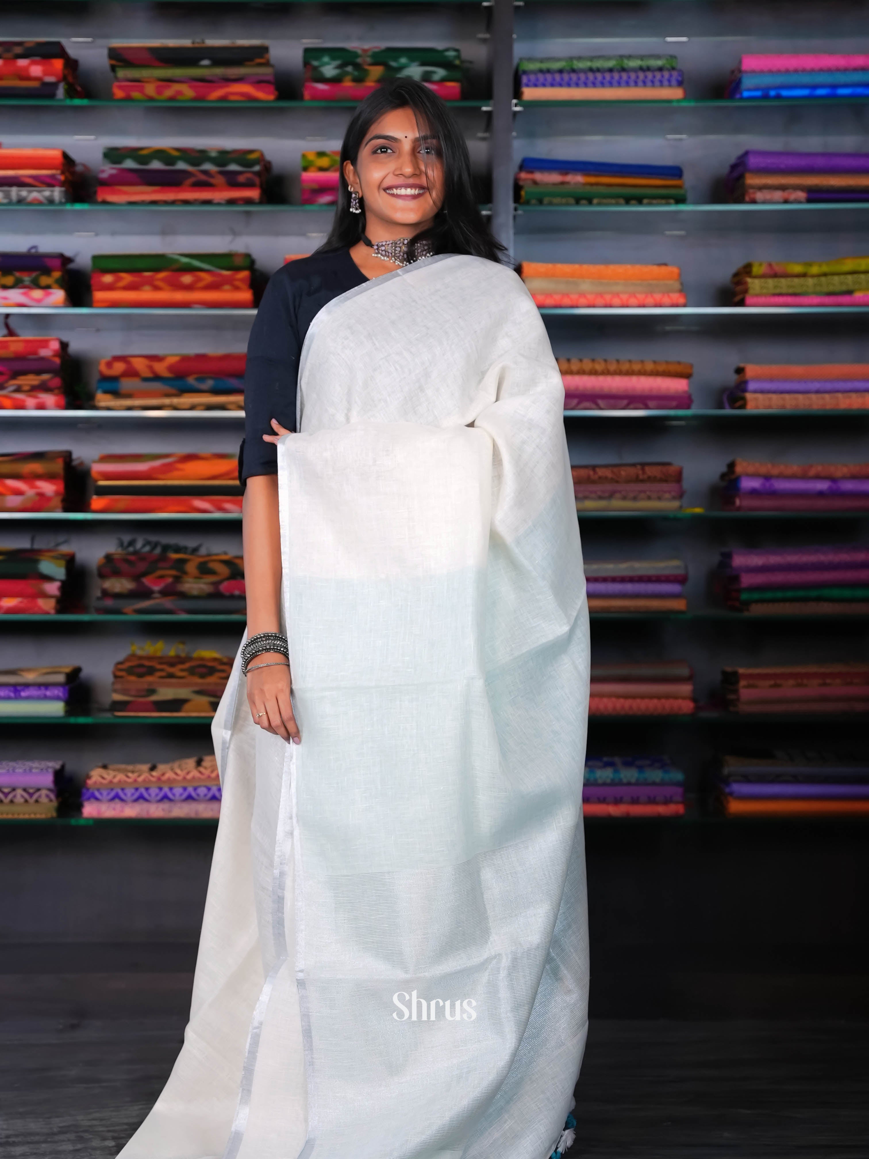 Cream & Blue - Linen Saree - Shop on ShrusEternity.com