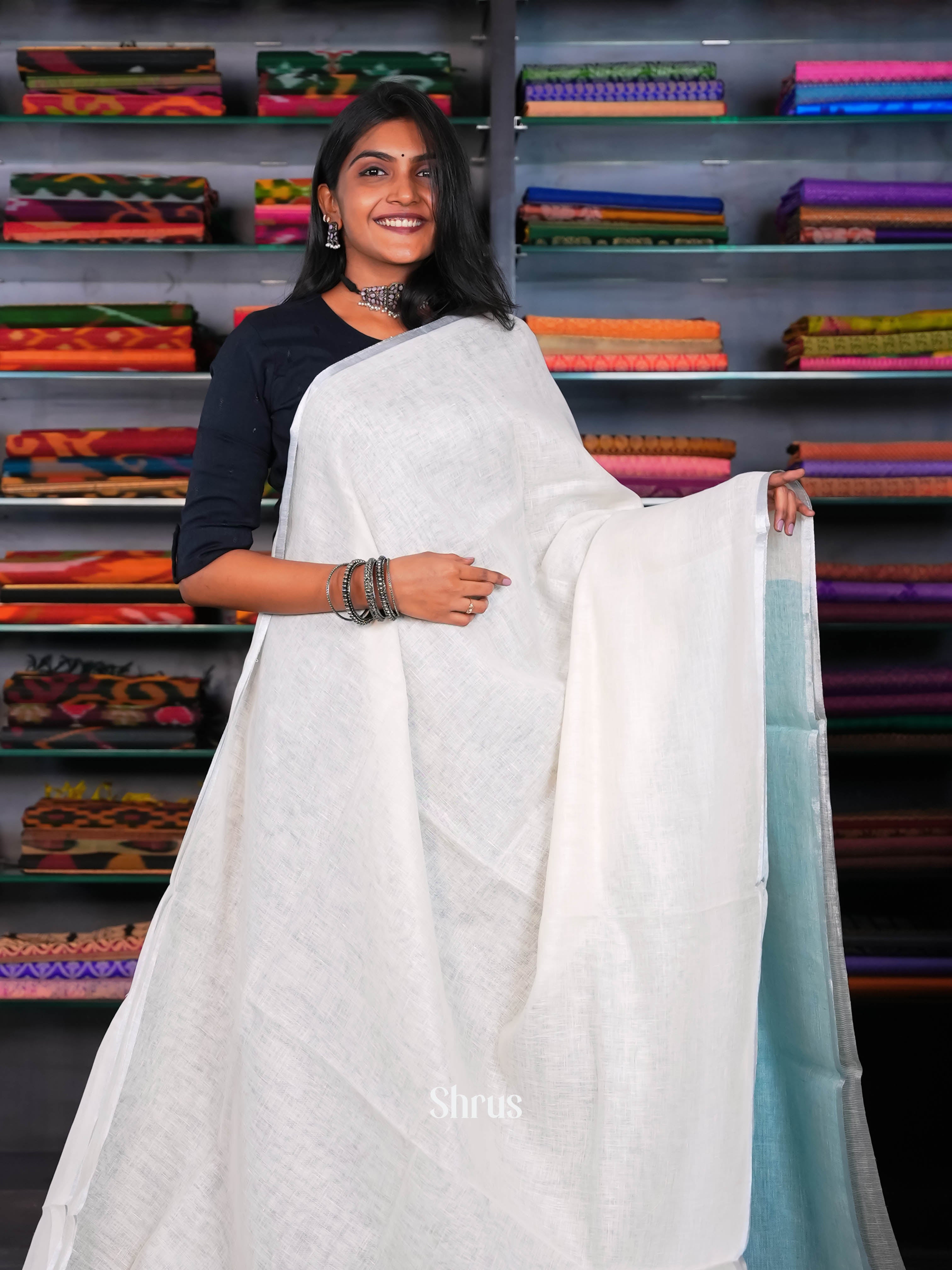 Cream & Blue - Linen Saree - Shop on ShrusEternity.com