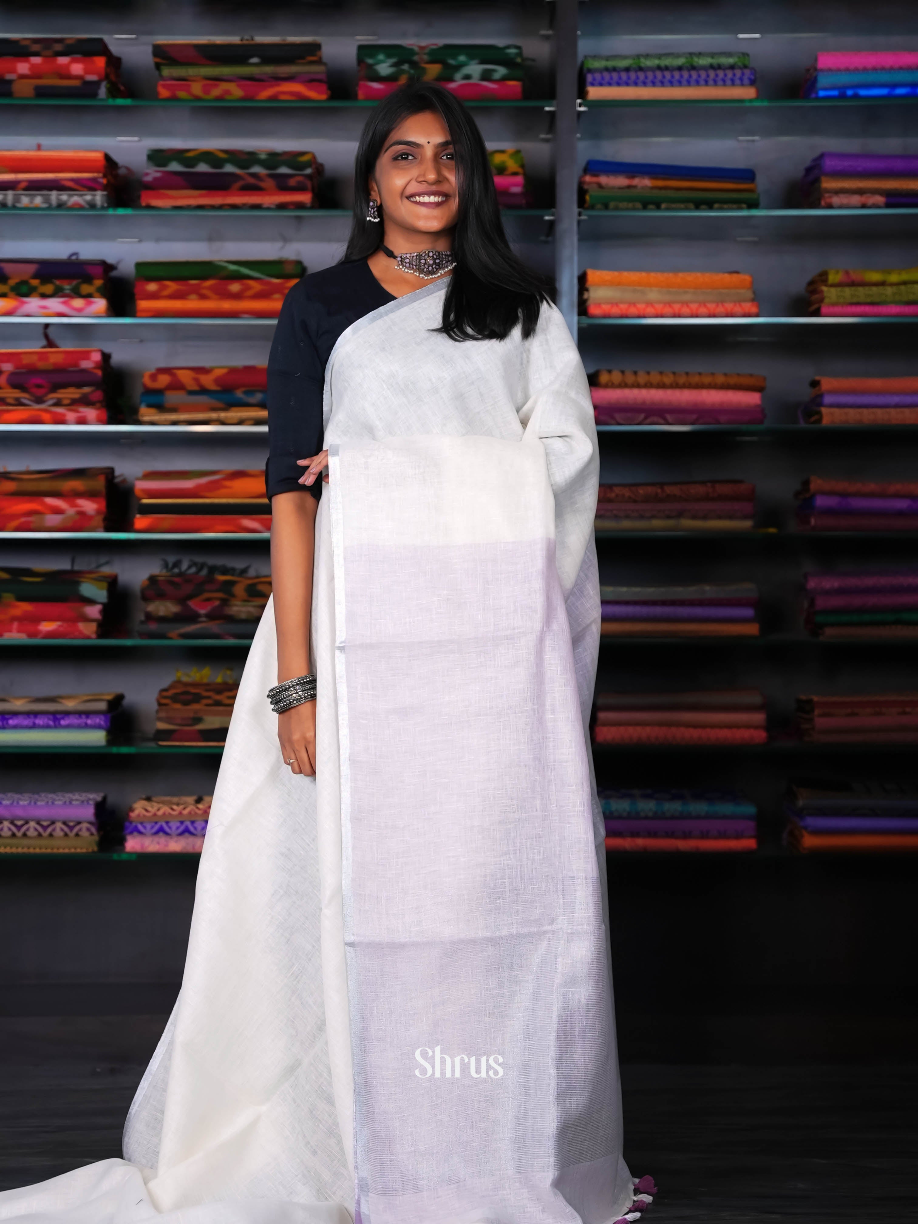 Cream & Purple - Linen Saree - Shop on ShrusEternity.com