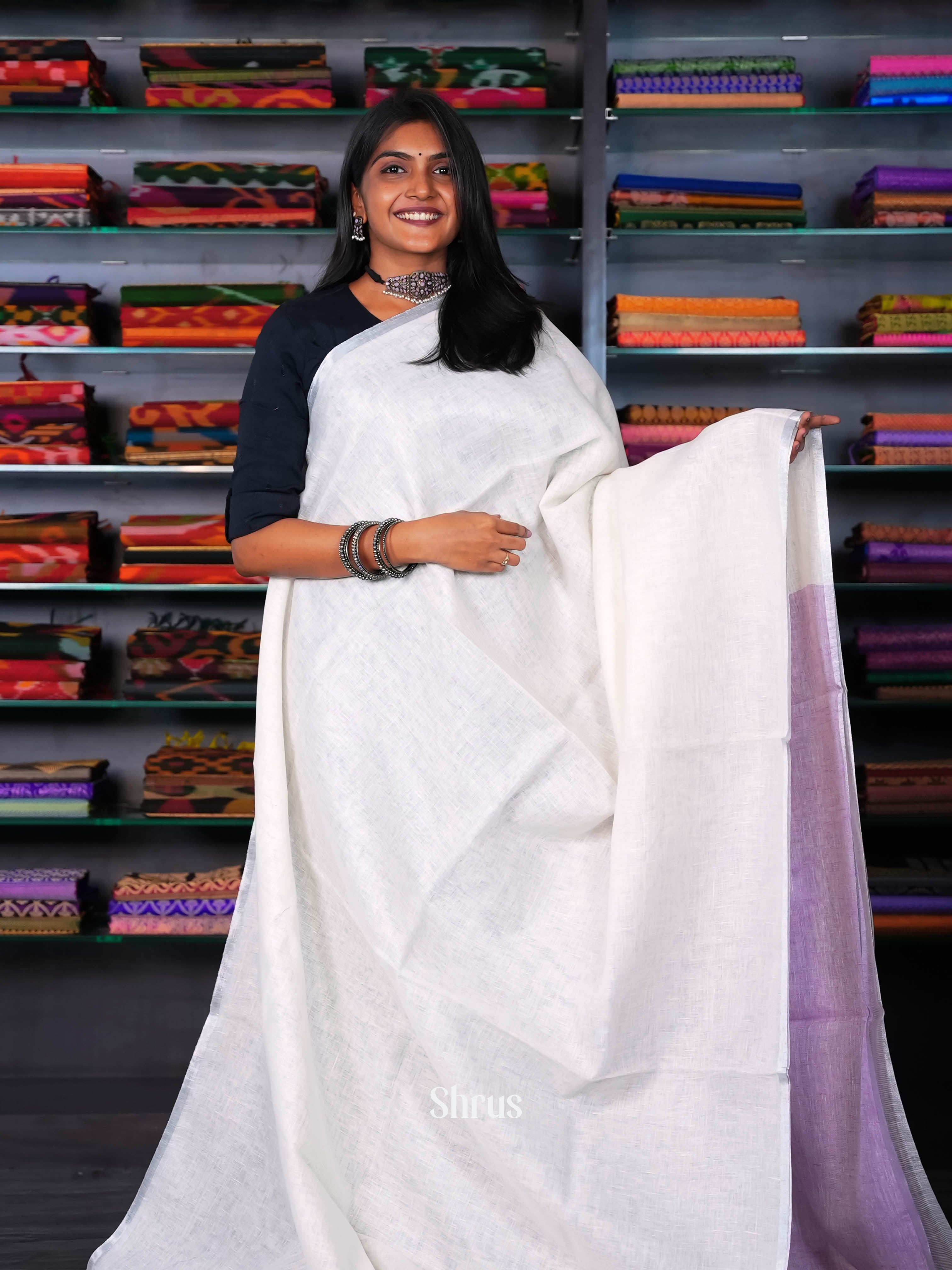 Cream & Purple - Linen Saree - Shop on ShrusEternity.com