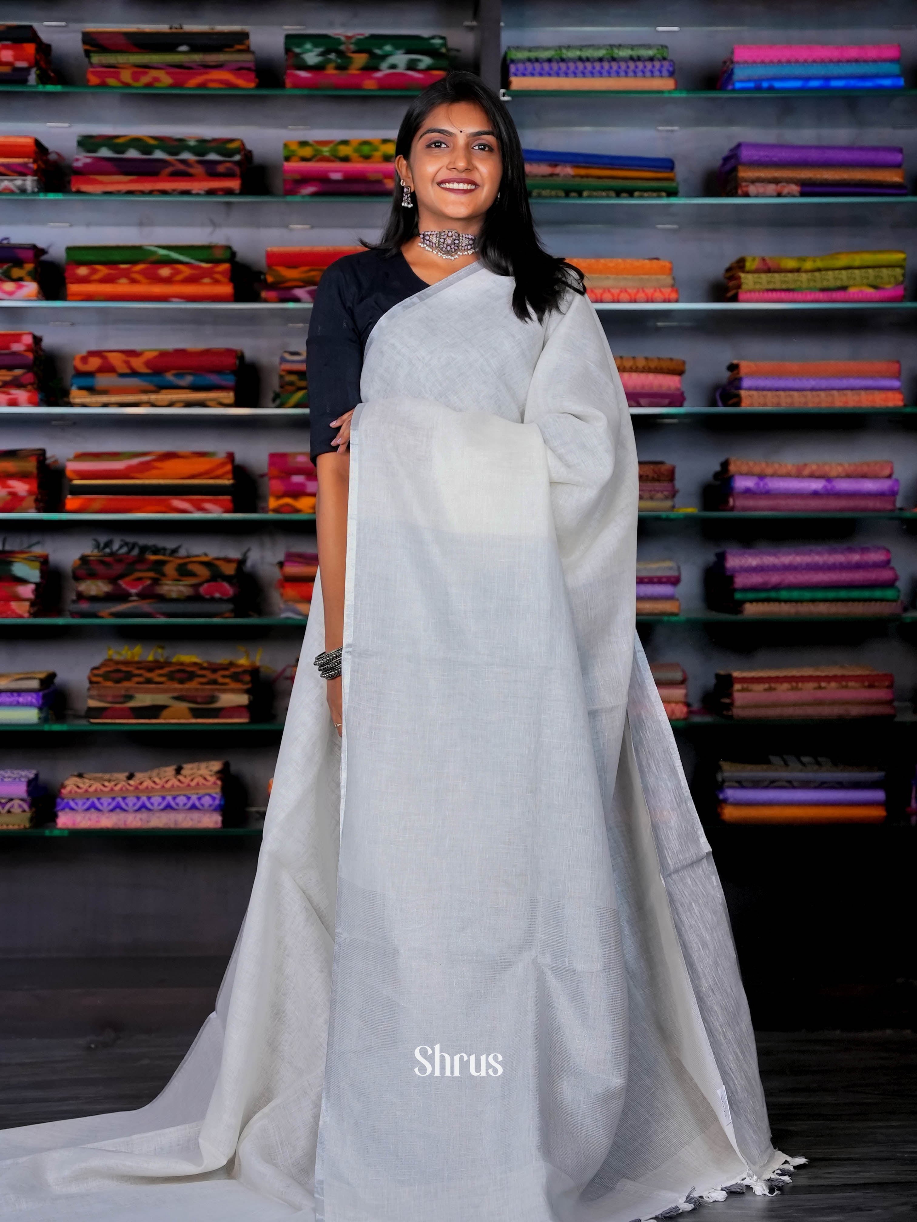 Cream & grey - Linen Saree - Shop on ShrusEternity.com