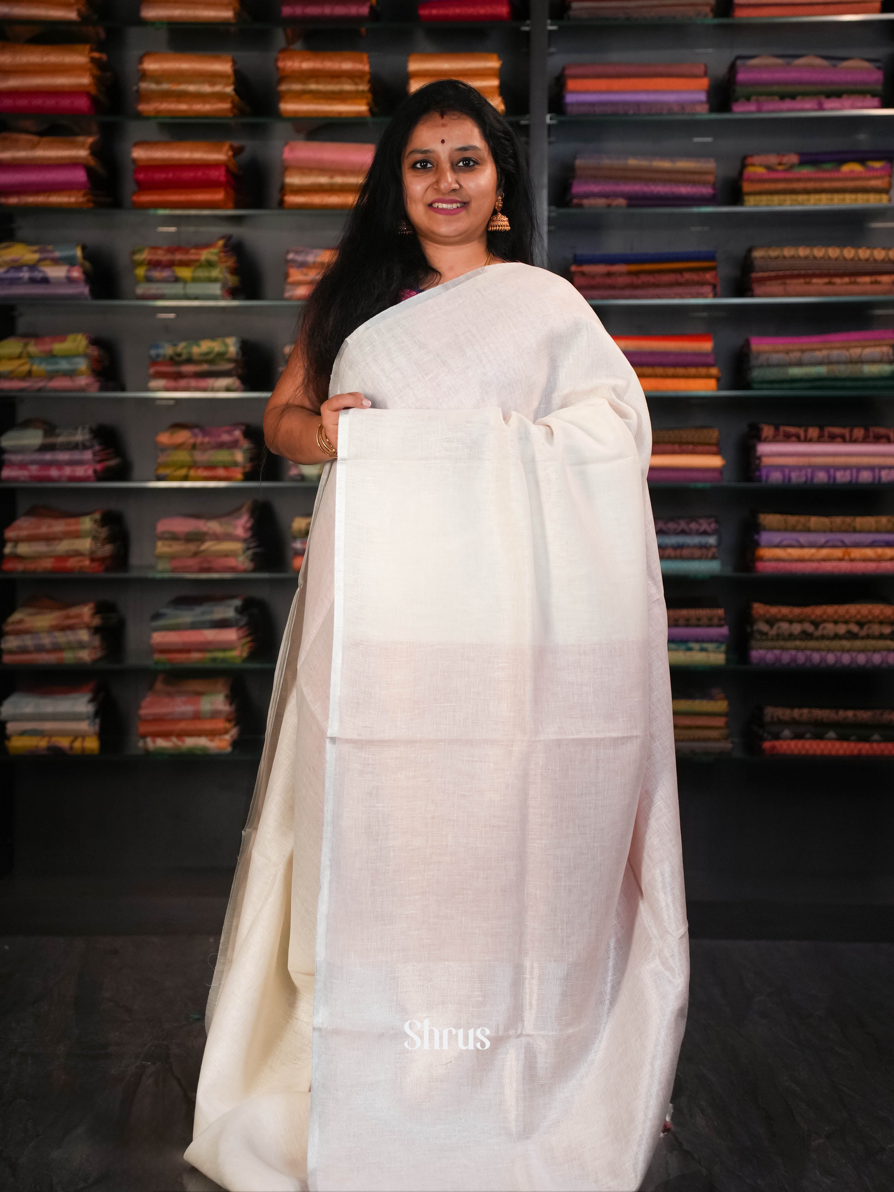 Creamy White - Linen Saree Saree - Shop on ShrusEternity.com