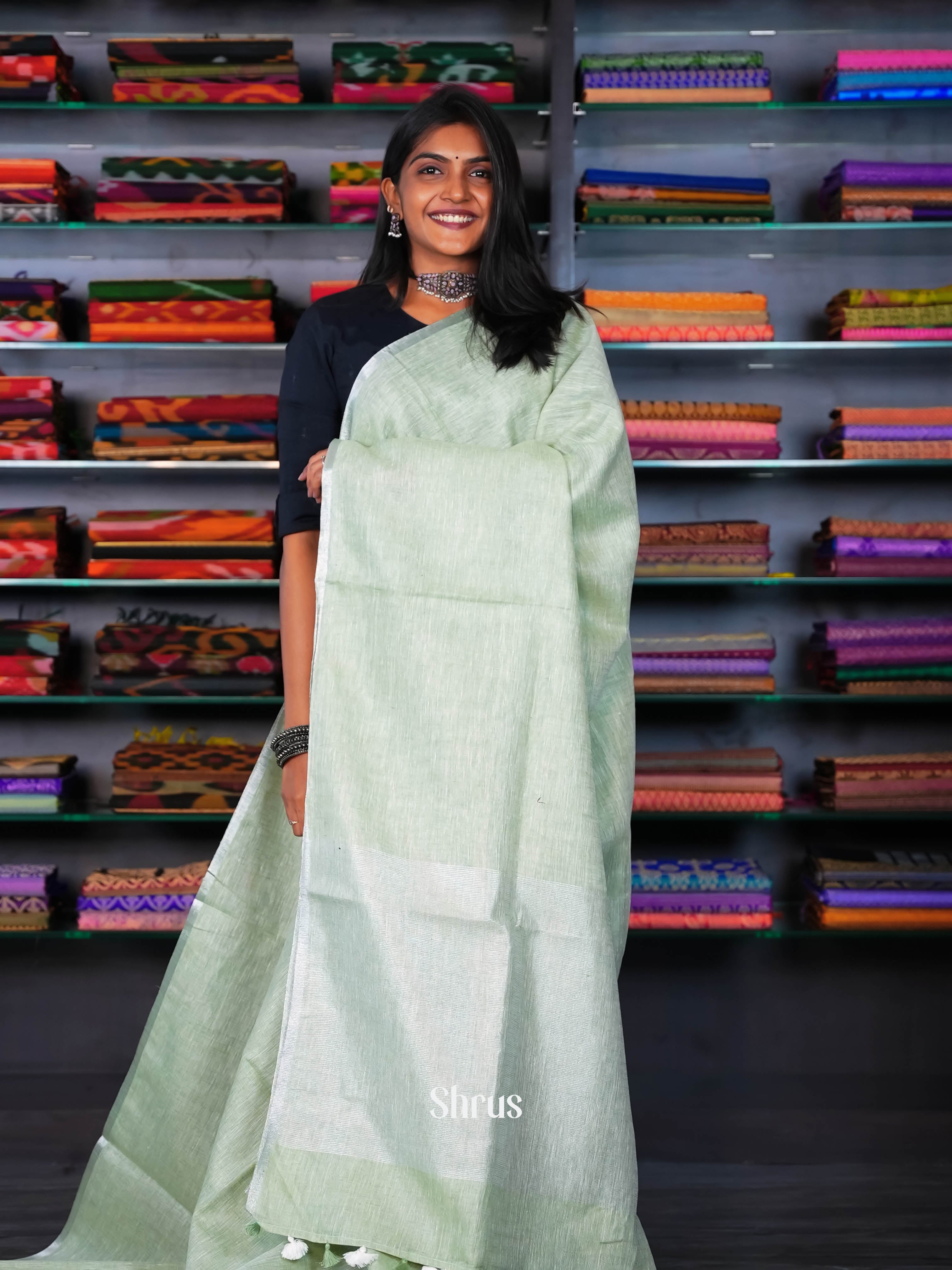 Lite Green - Linen Saree - Shop on ShrusEternity.com