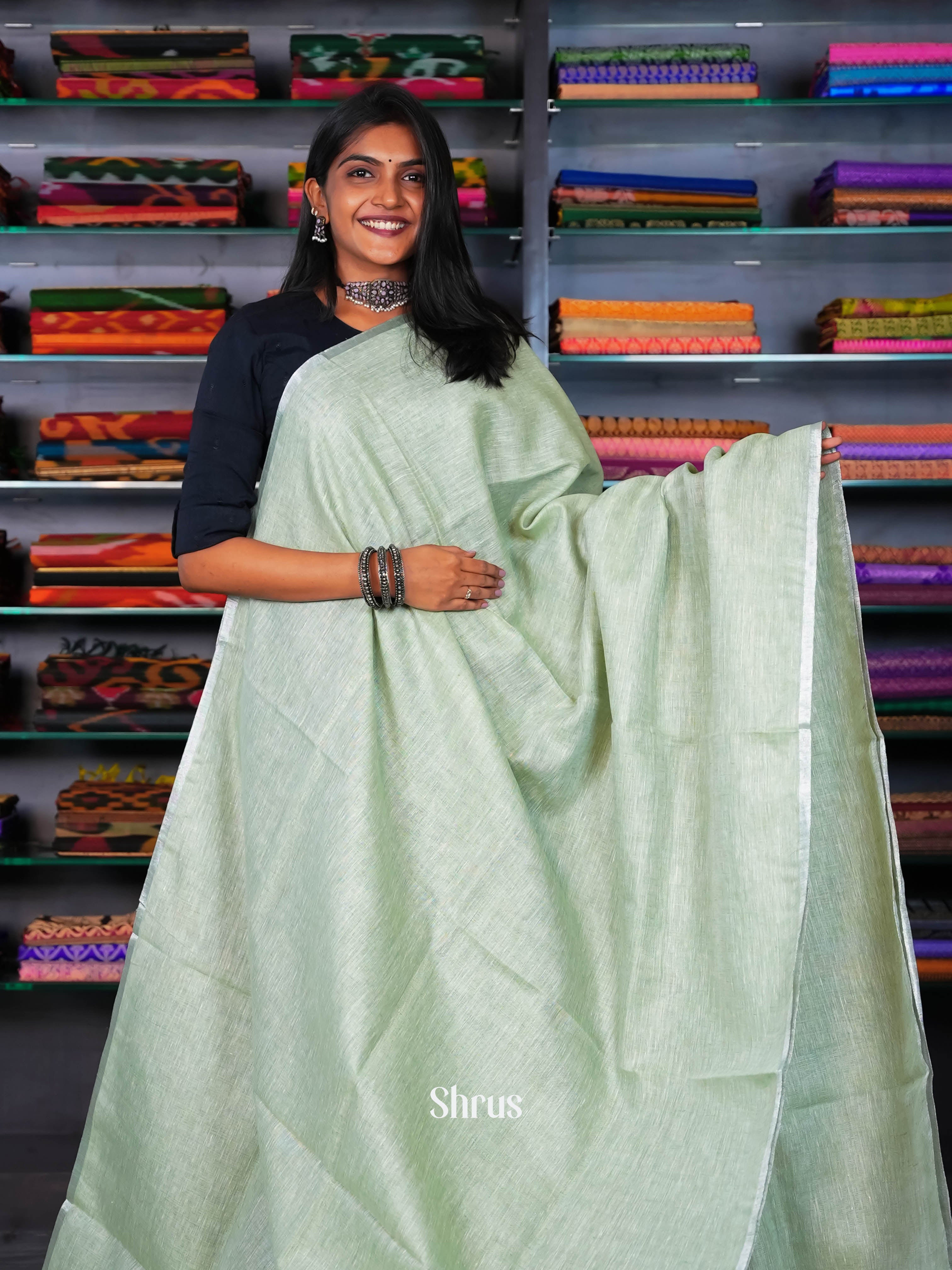 Lite Green - Linen Saree - Shop on ShrusEternity.com