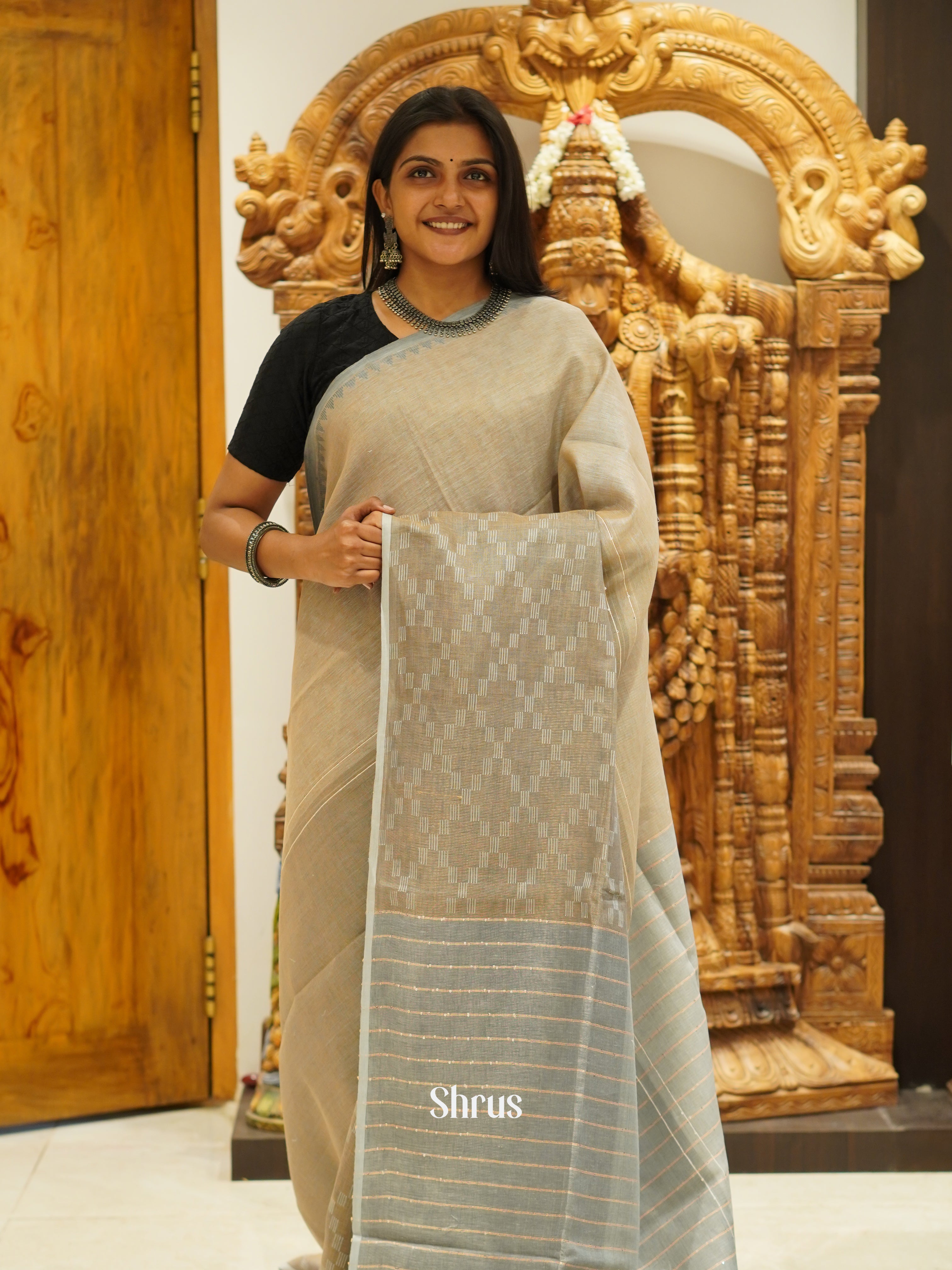Beige & Blue - Art Modal Saree - Shop on ShrusEternity.com