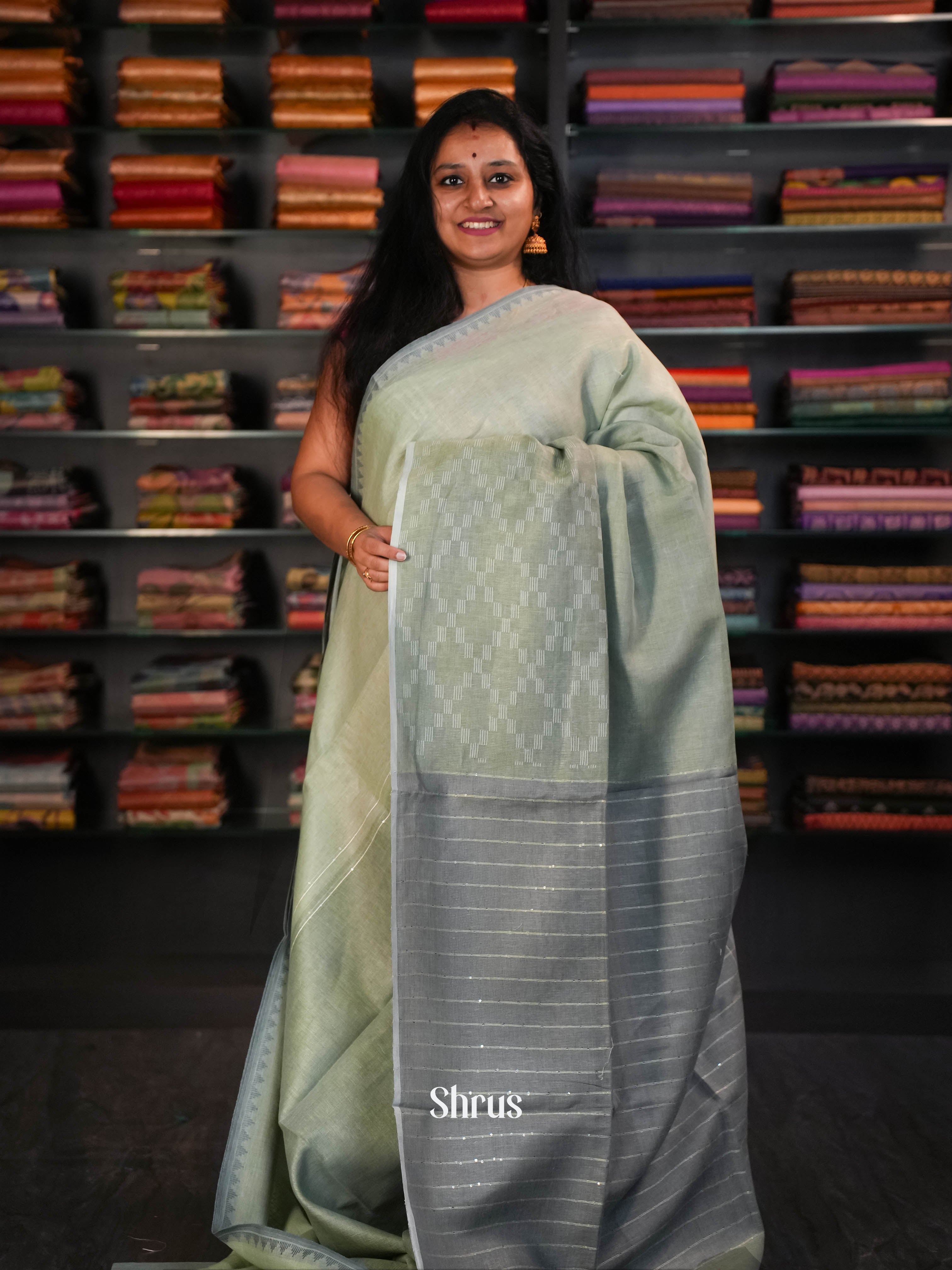Greyish Green - Linen Saree Saree - Shop on ShrusEternity.com