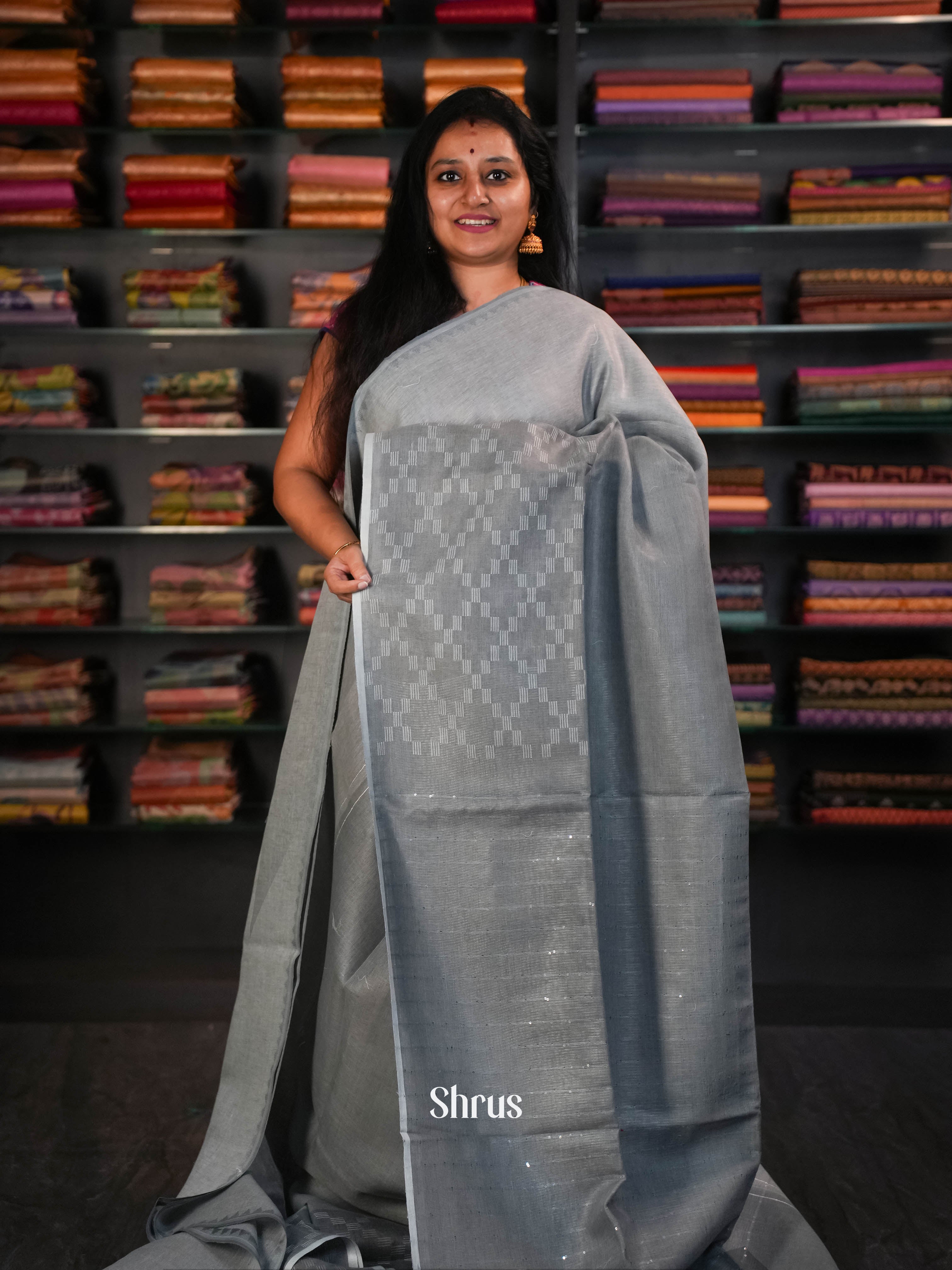 Grey - Linen Saree Saree - Shop on ShrusEternity.com