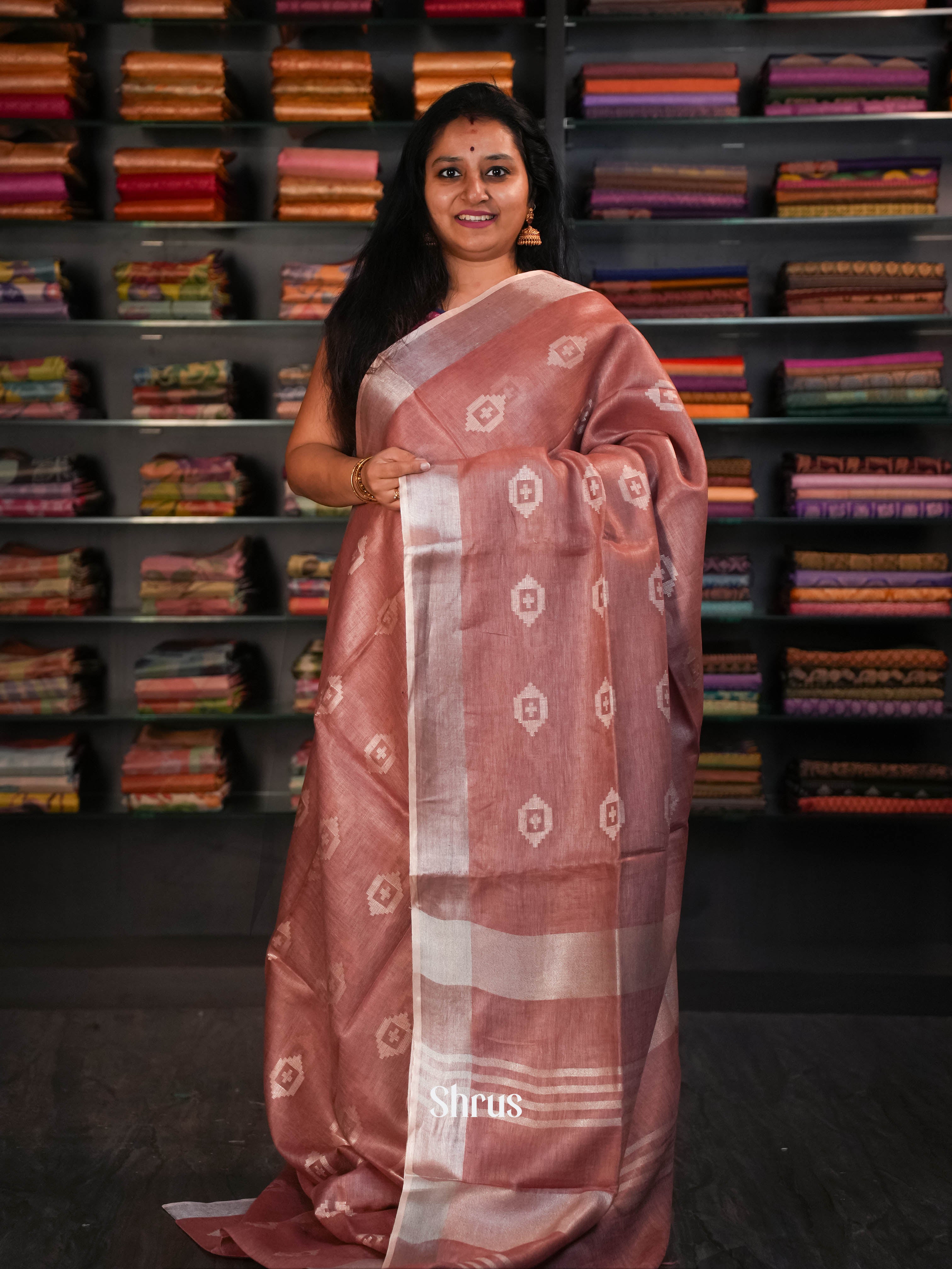 Peachy Brown - Linen Saree Saree - Shop on ShrusEternity.com