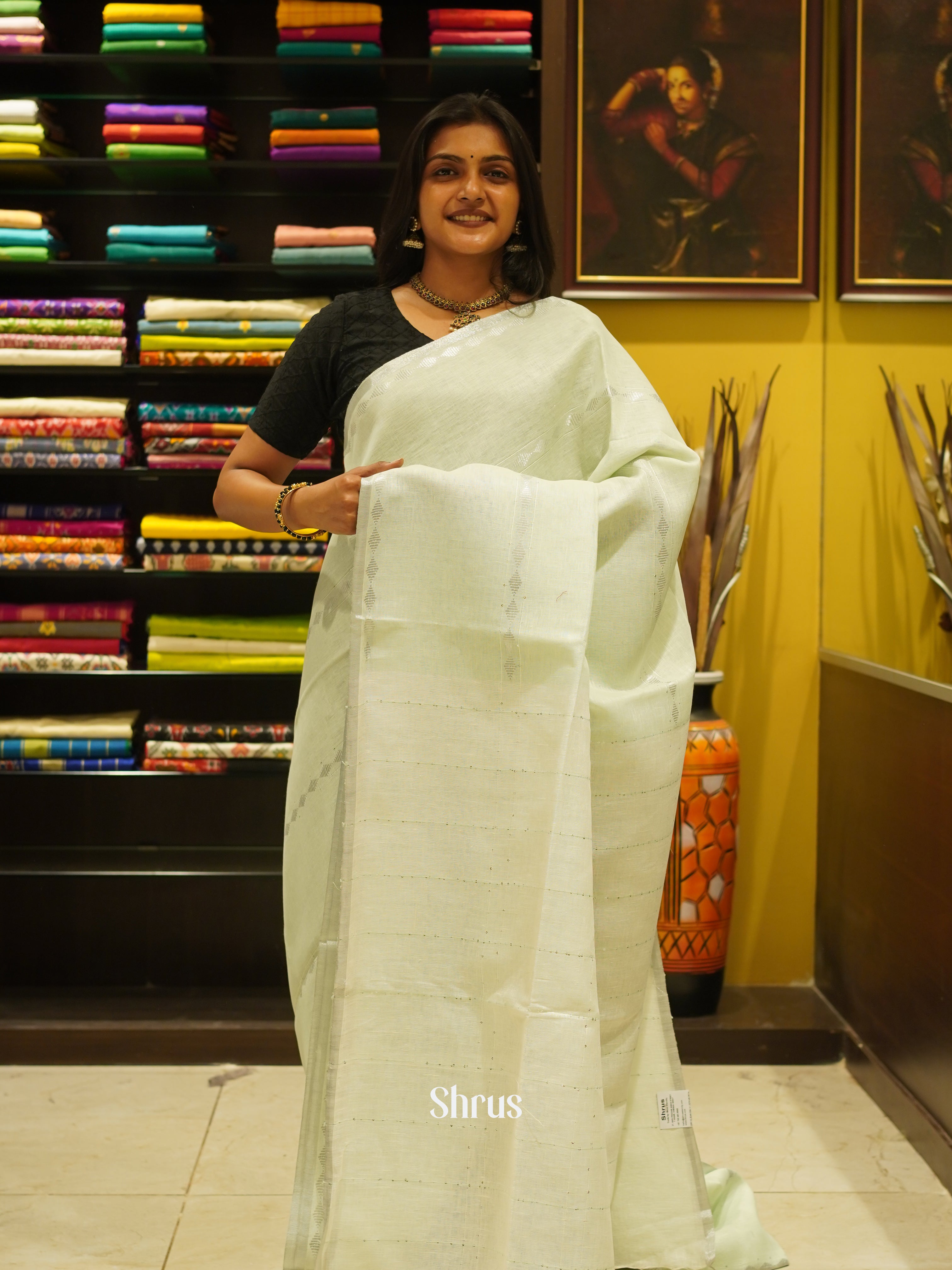 Green & Cream - Linen Saree - Shop on ShrusEternity.com