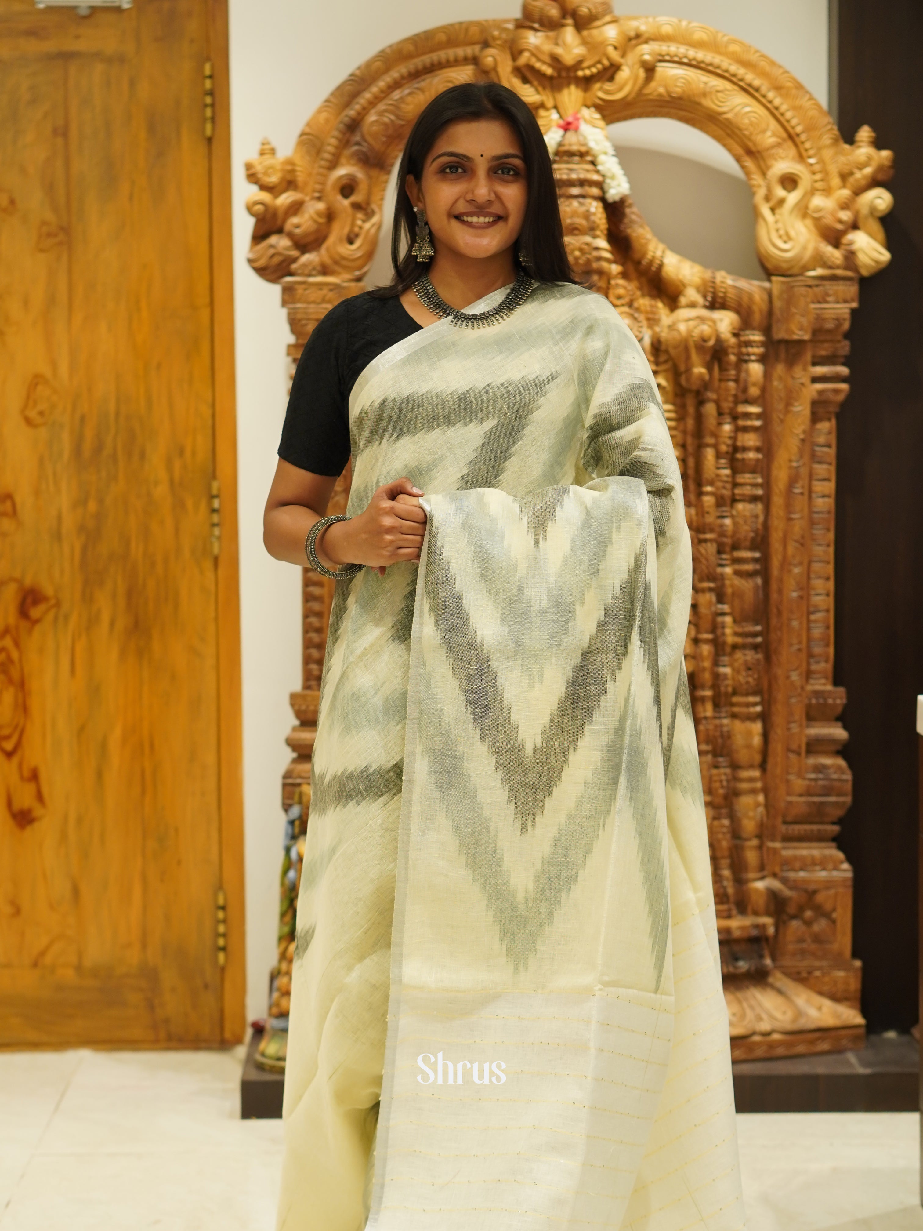 Green & Cream - Art Modal Saree - Shop on ShrusEternity.com