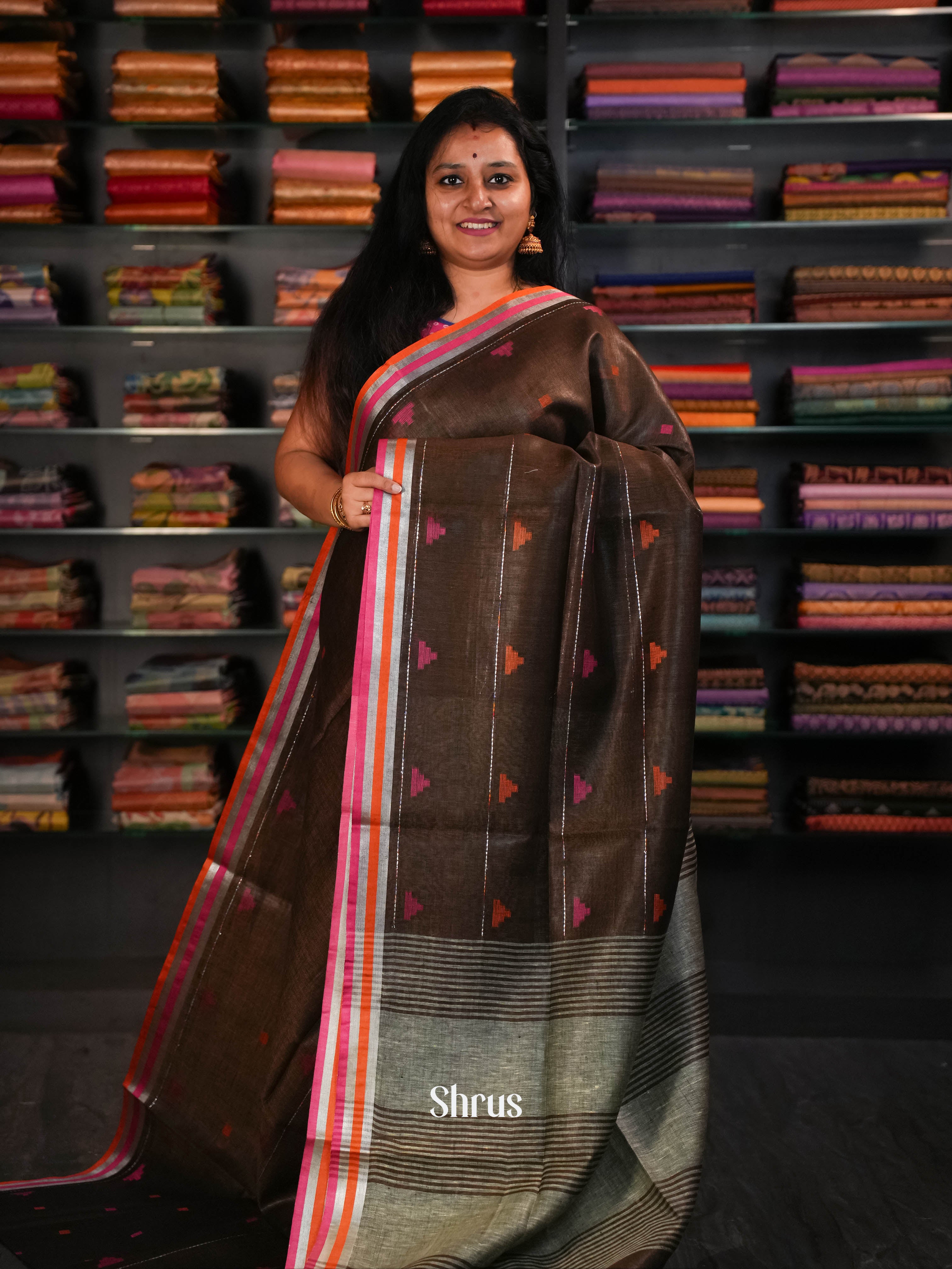 Brown - Linen Saree Saree - Shop on ShrusEternity.com