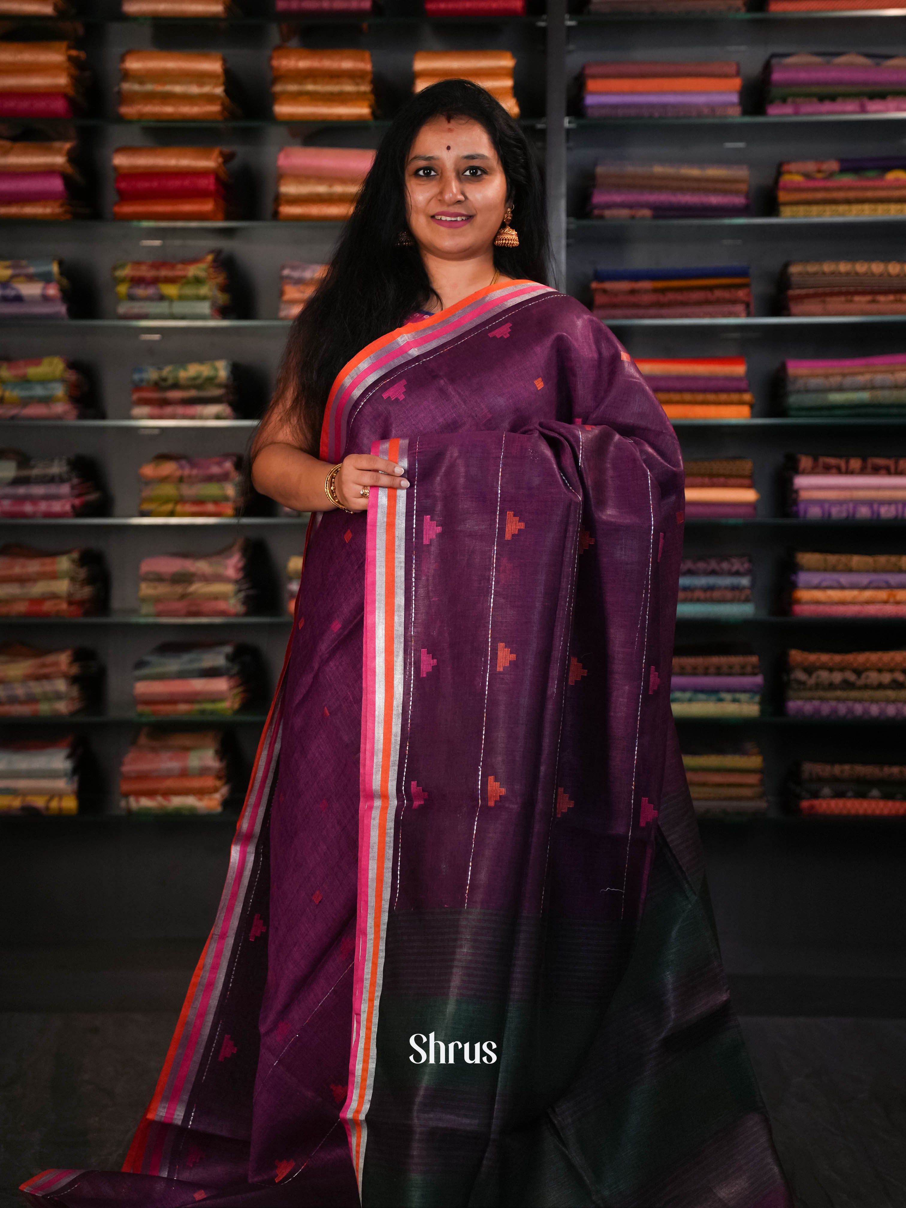 Purple & Green - Linen Saree - Shop on ShrusEternity.com