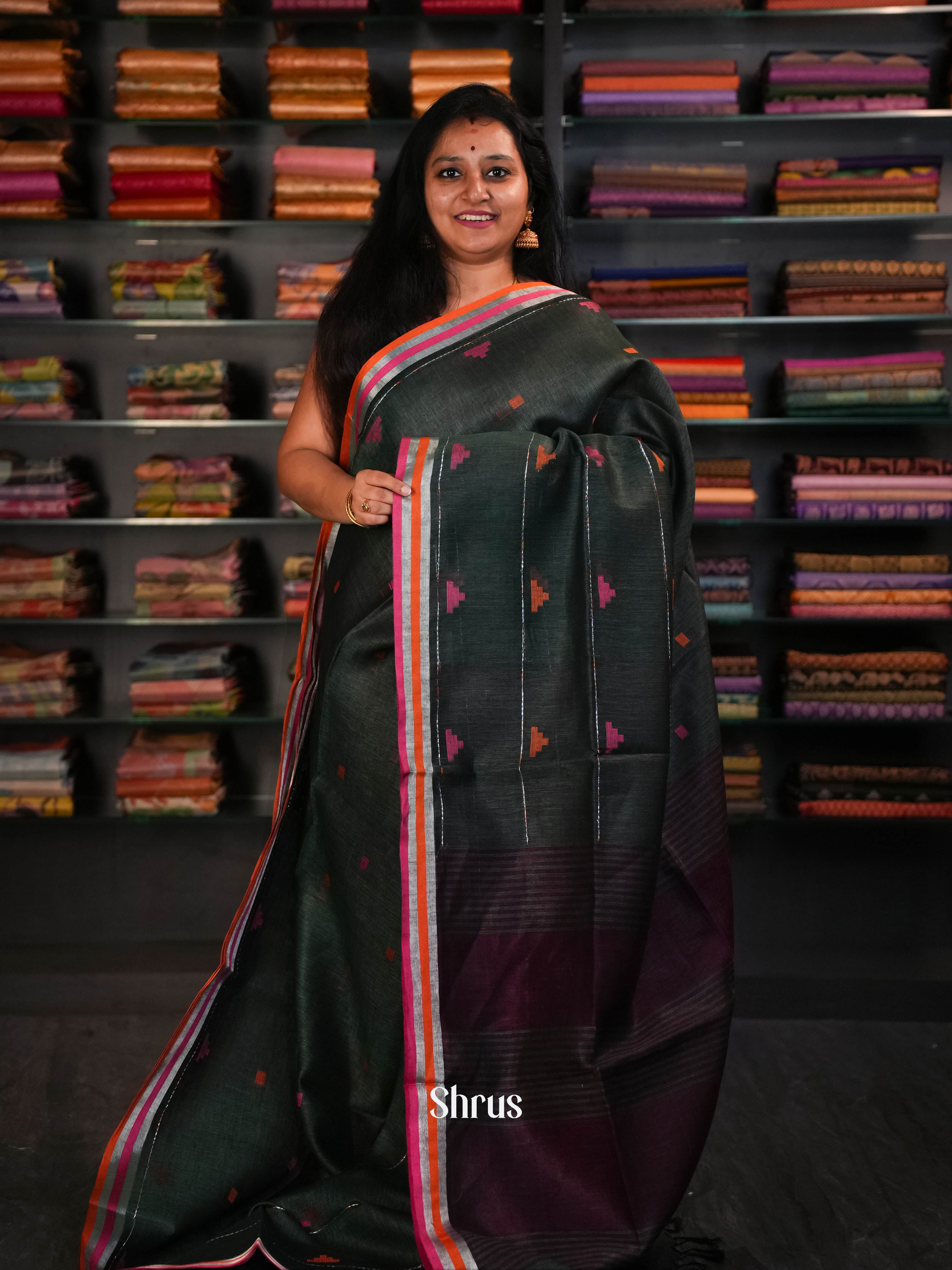 Dark Green - Linen Saree Saree - Shop on ShrusEternity.com