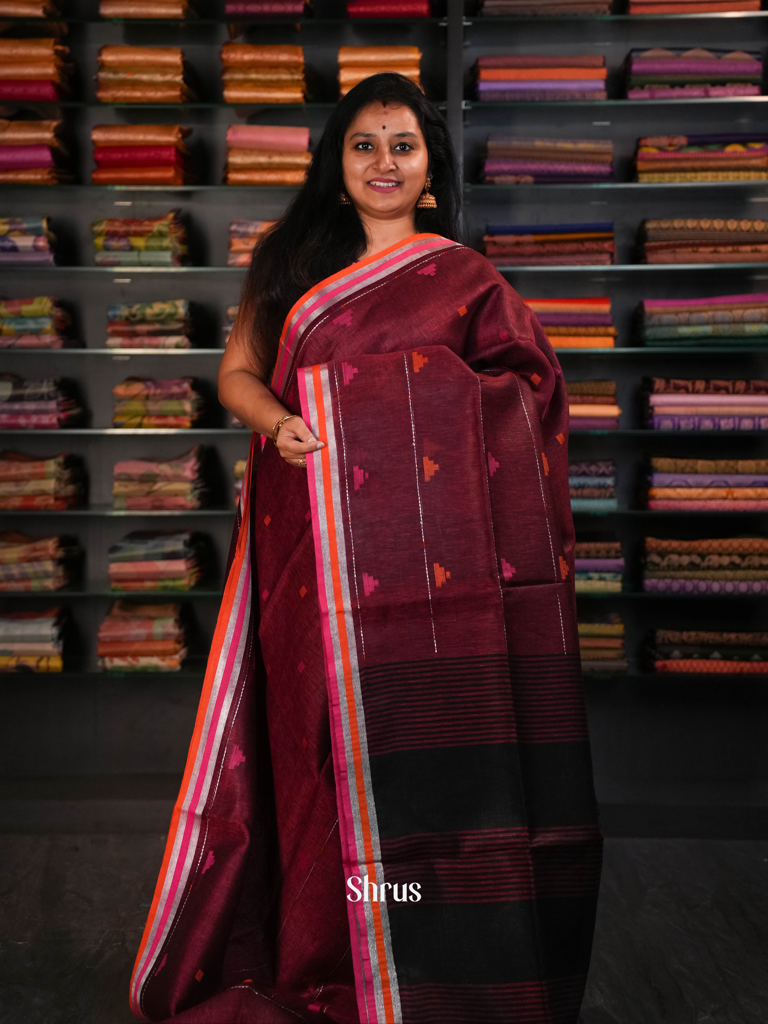 Maroon - Linen Saree Saree - Shop on ShrusEternity.com