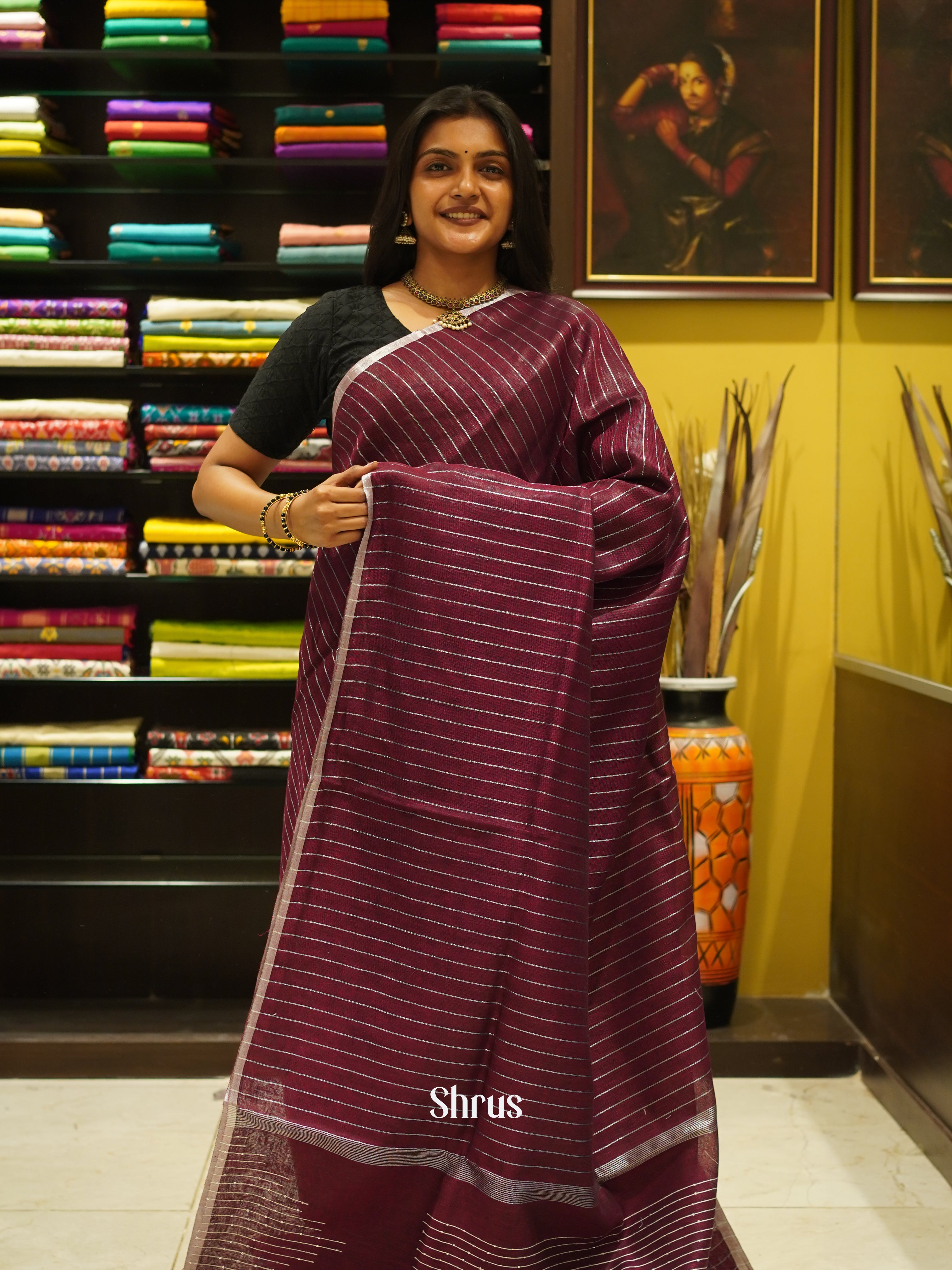 Wine (Single tone) - Linen Saree - Shop on ShrusEternity.com