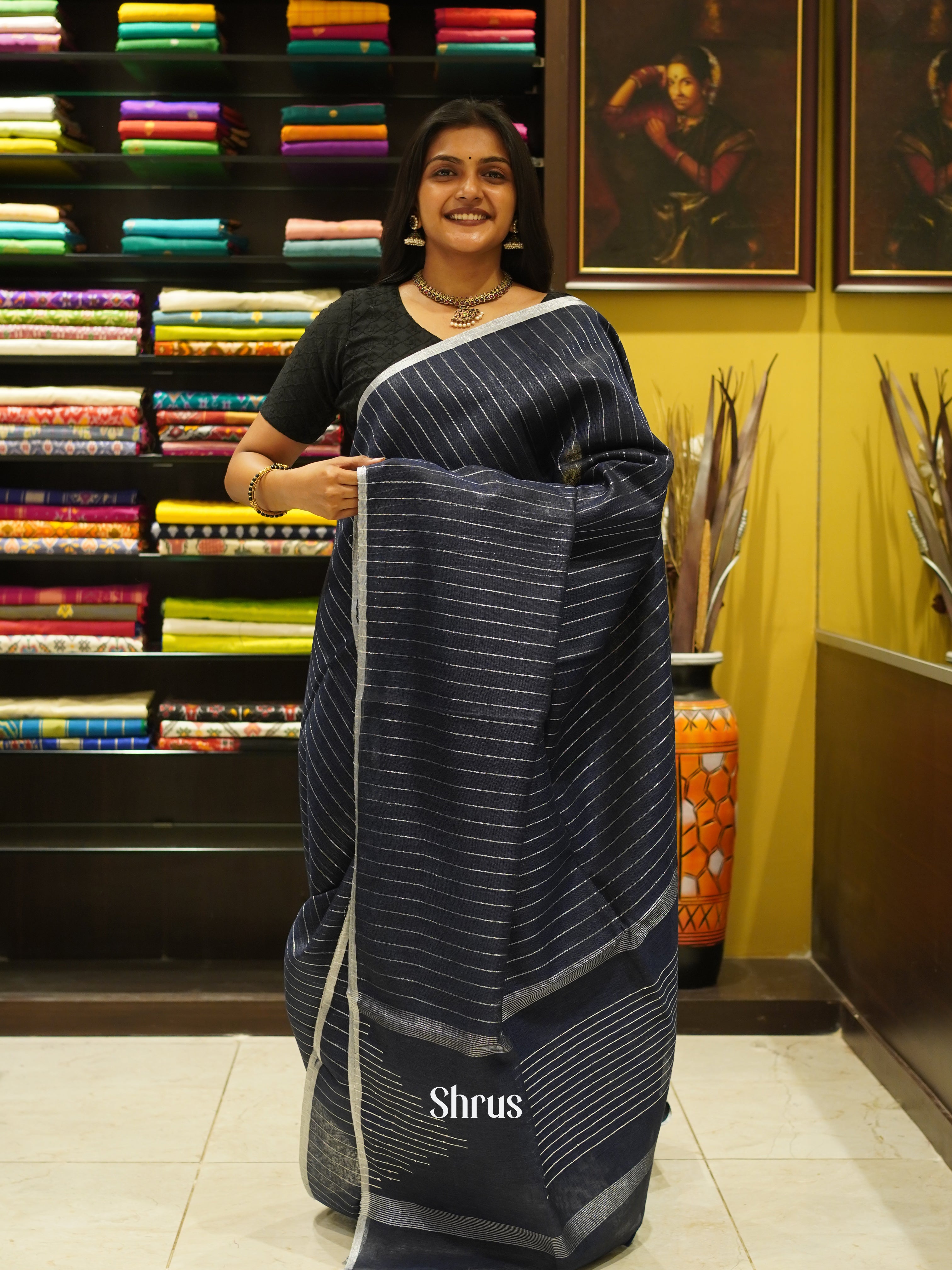 Blue (Single tone)- Linen Saree - Shop on ShrusEternity.com
