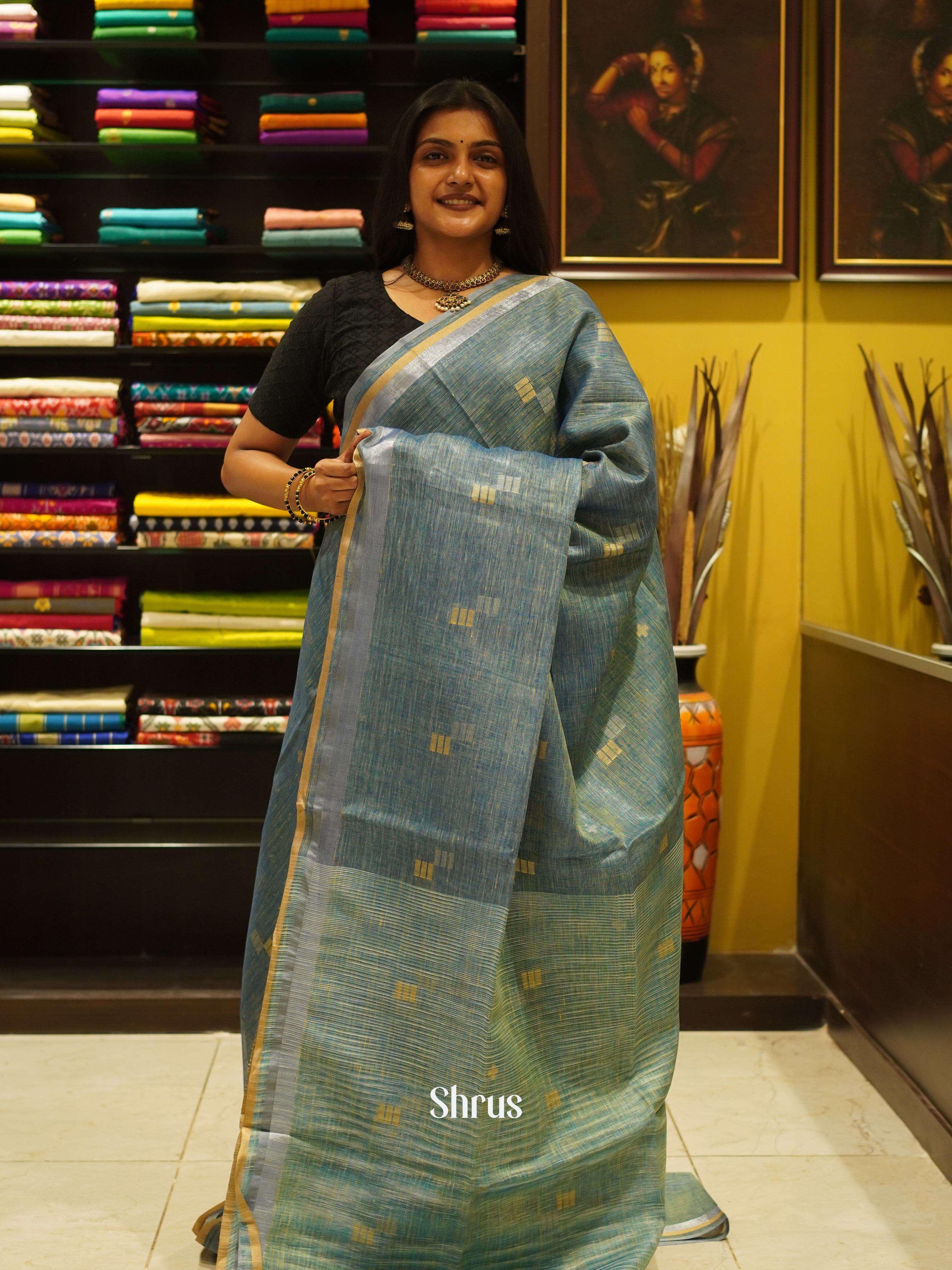Blue & Green - Linen Saree - Shop on ShrusEternity.com