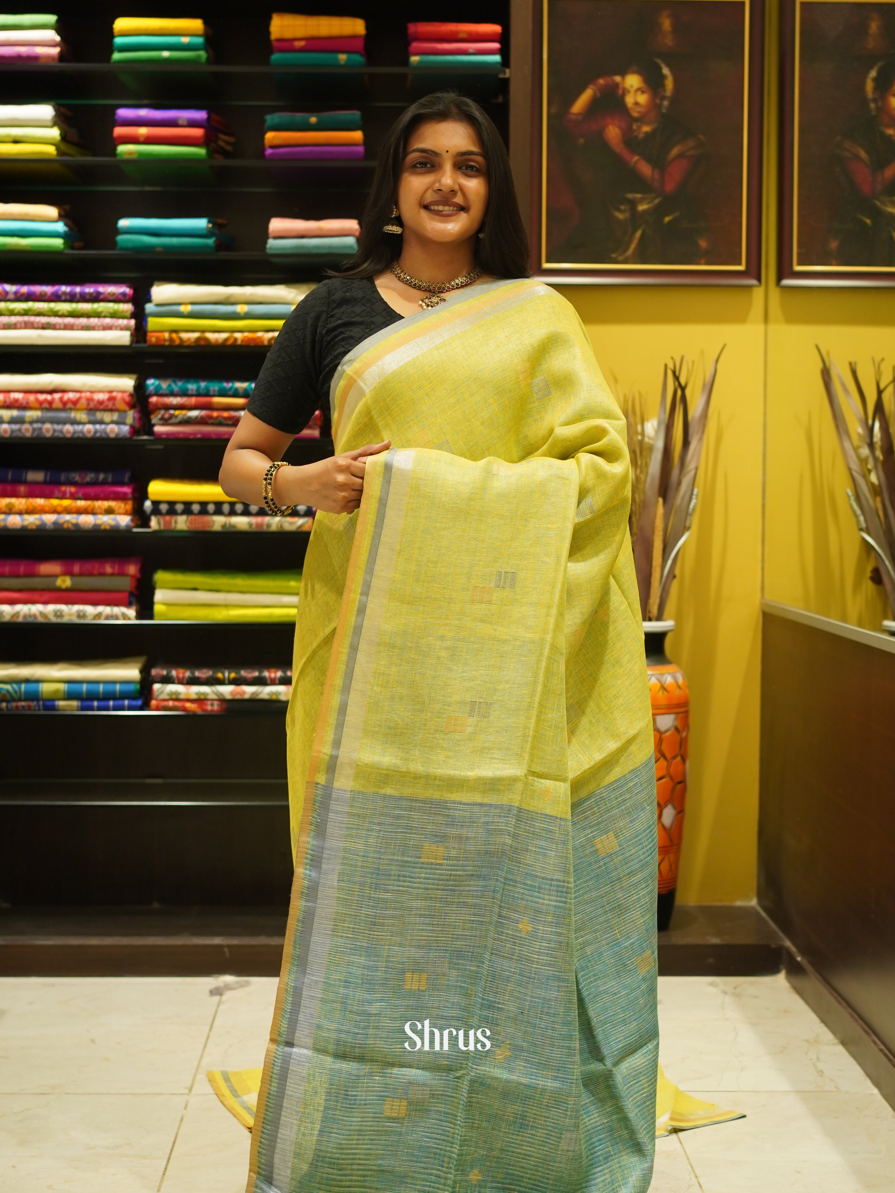 Light Green & Green - Linen Sare - Shop on ShrusEternity.com
