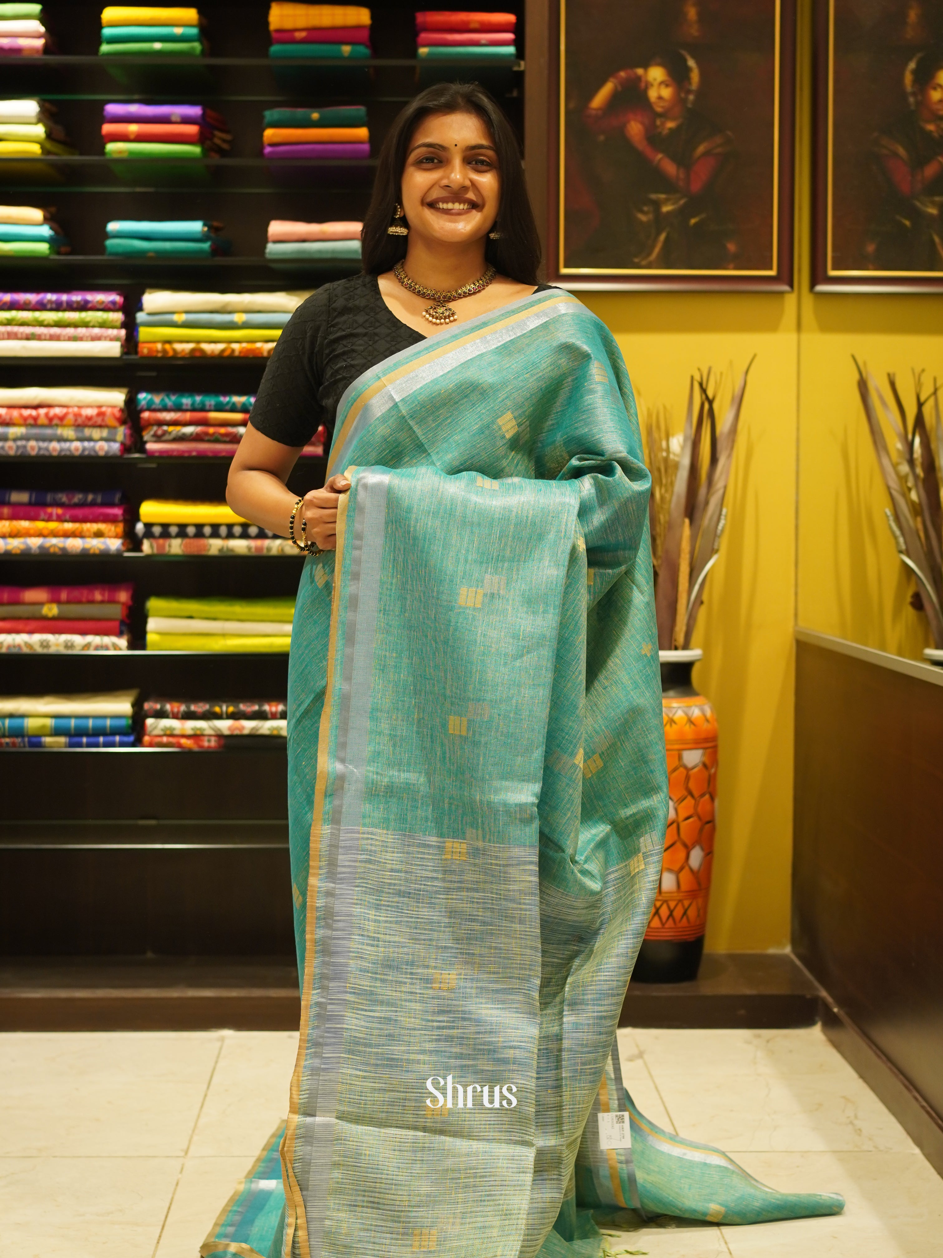 Green & Grey - Linen Saree - Shop on ShrusEternity.com