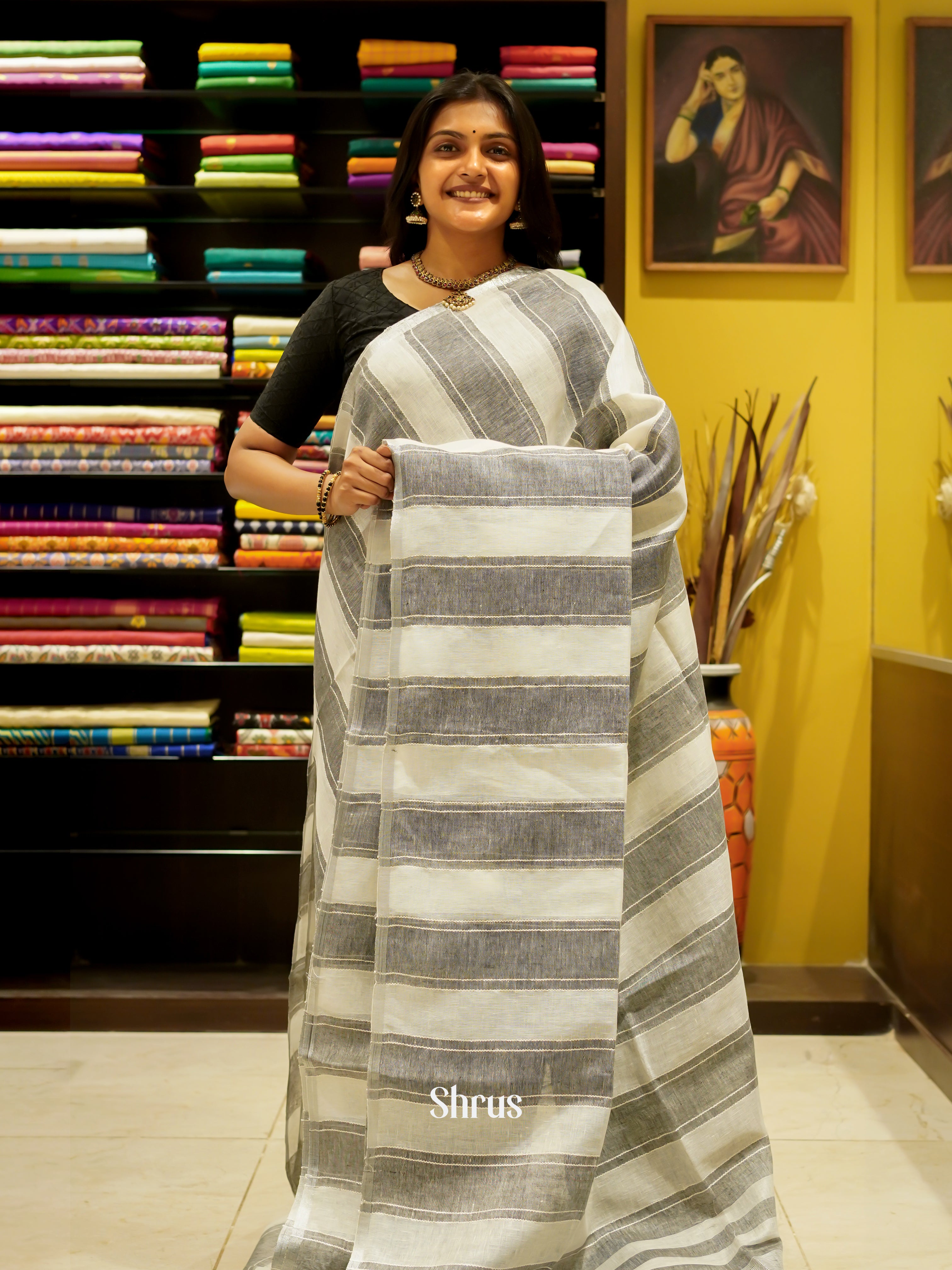 Cream & Grey - Linen Saree - Shop on ShrusEternity.com