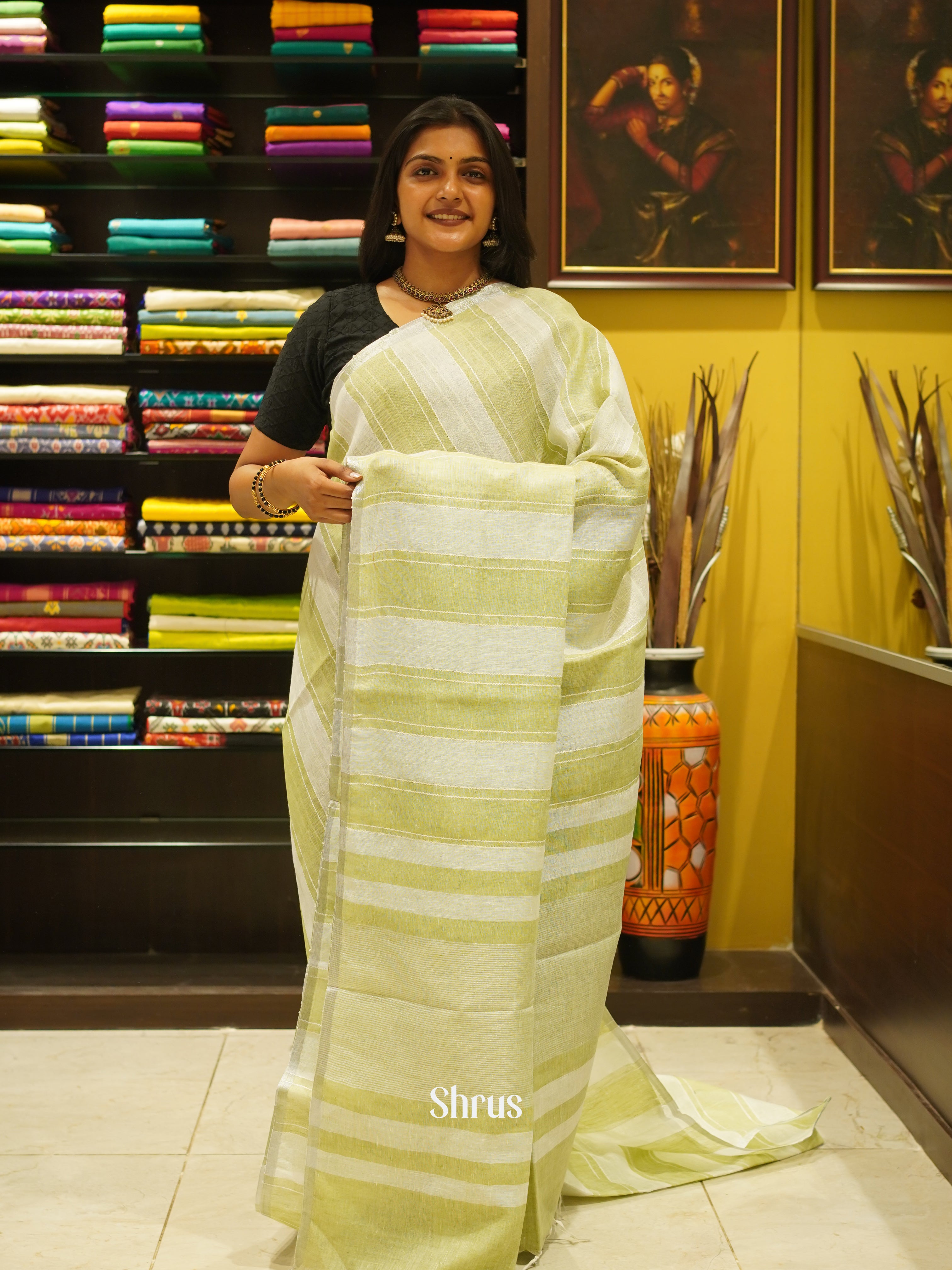 Green & Cream - Linen Saree - Shop on ShrusEternity.com