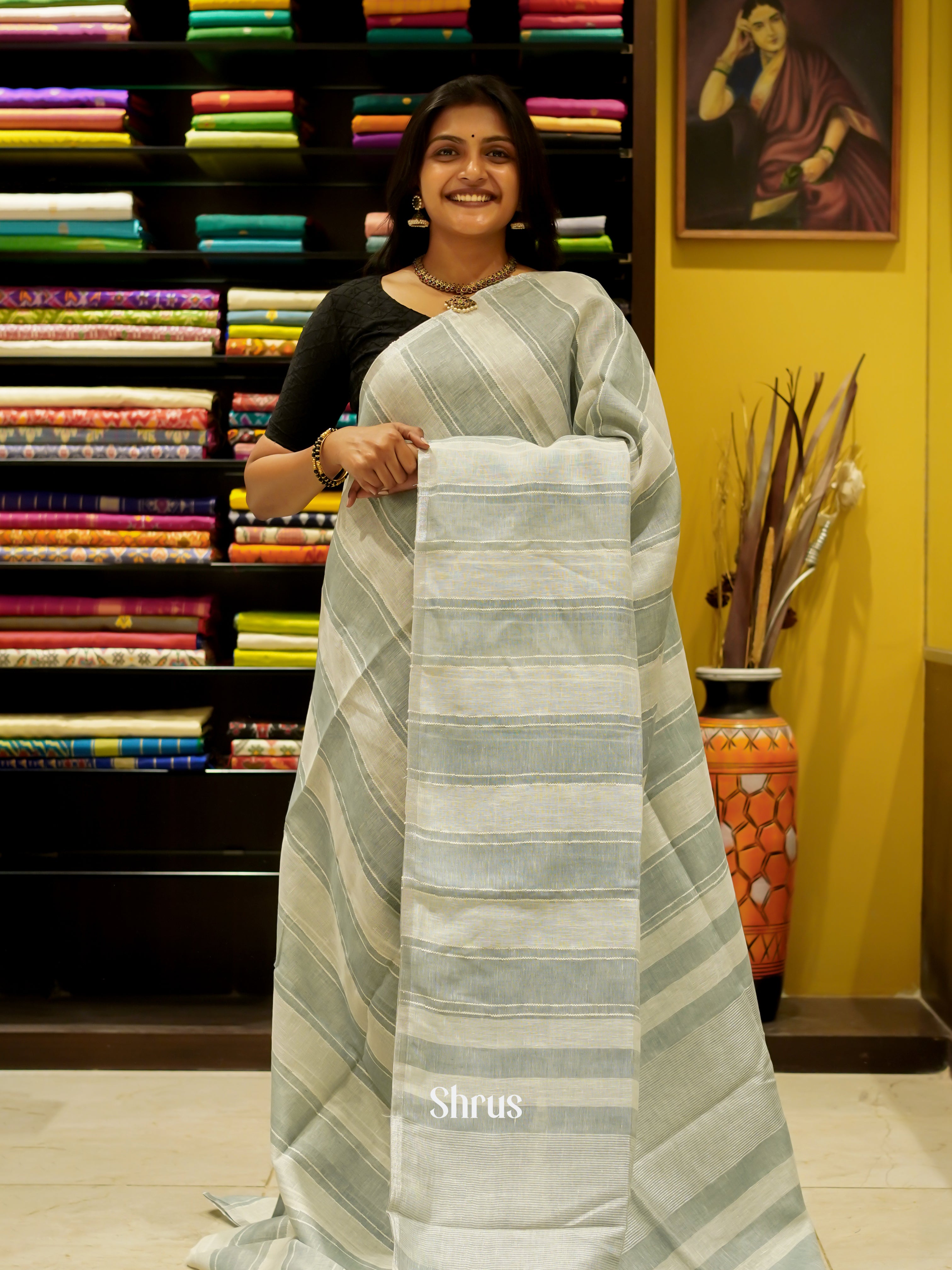 Cream & Grey - Linen Saree - Shop on ShrusEternity.com