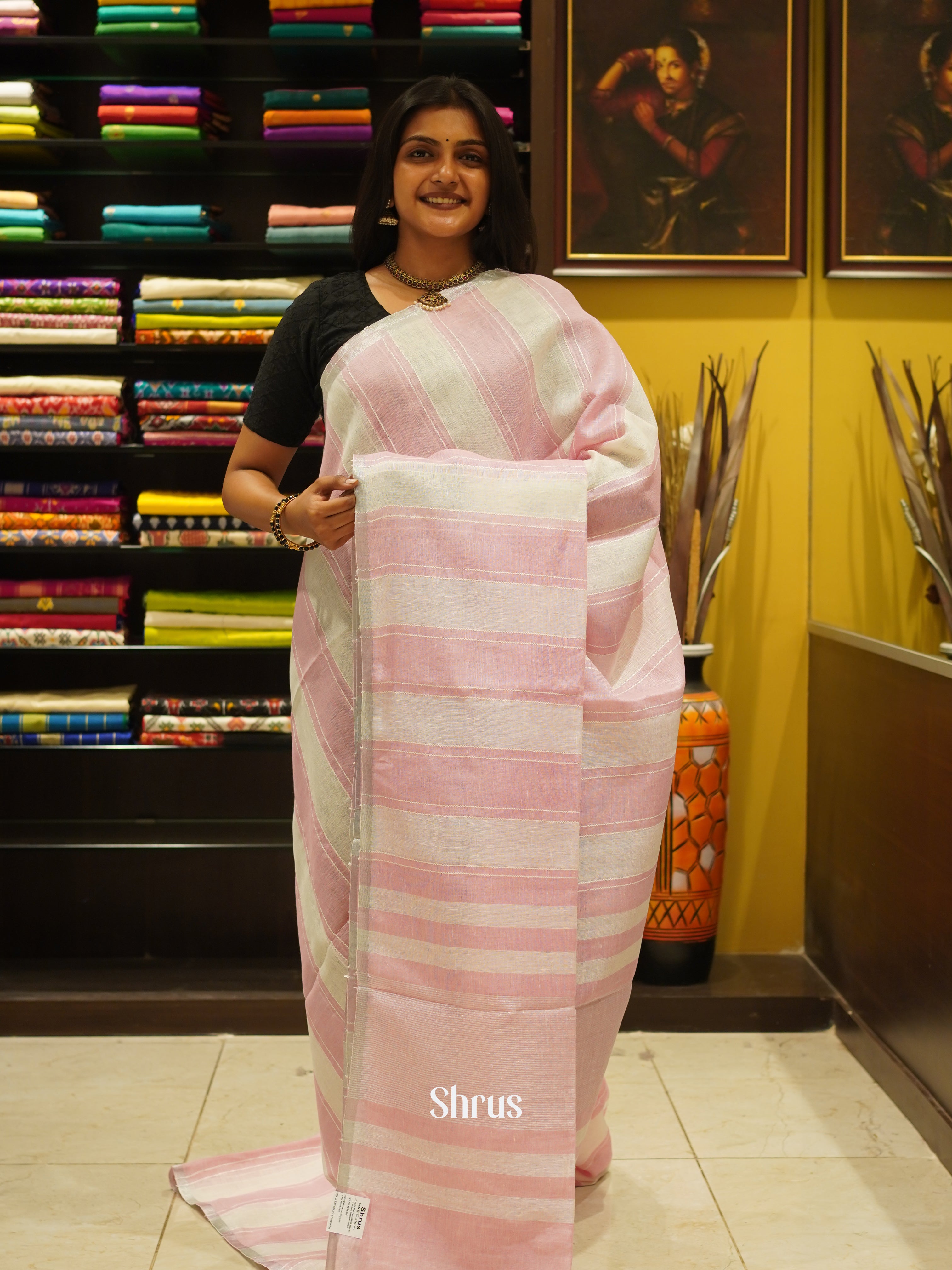 Cream & Pink - Linen Saree - Shop on ShrusEternity.com