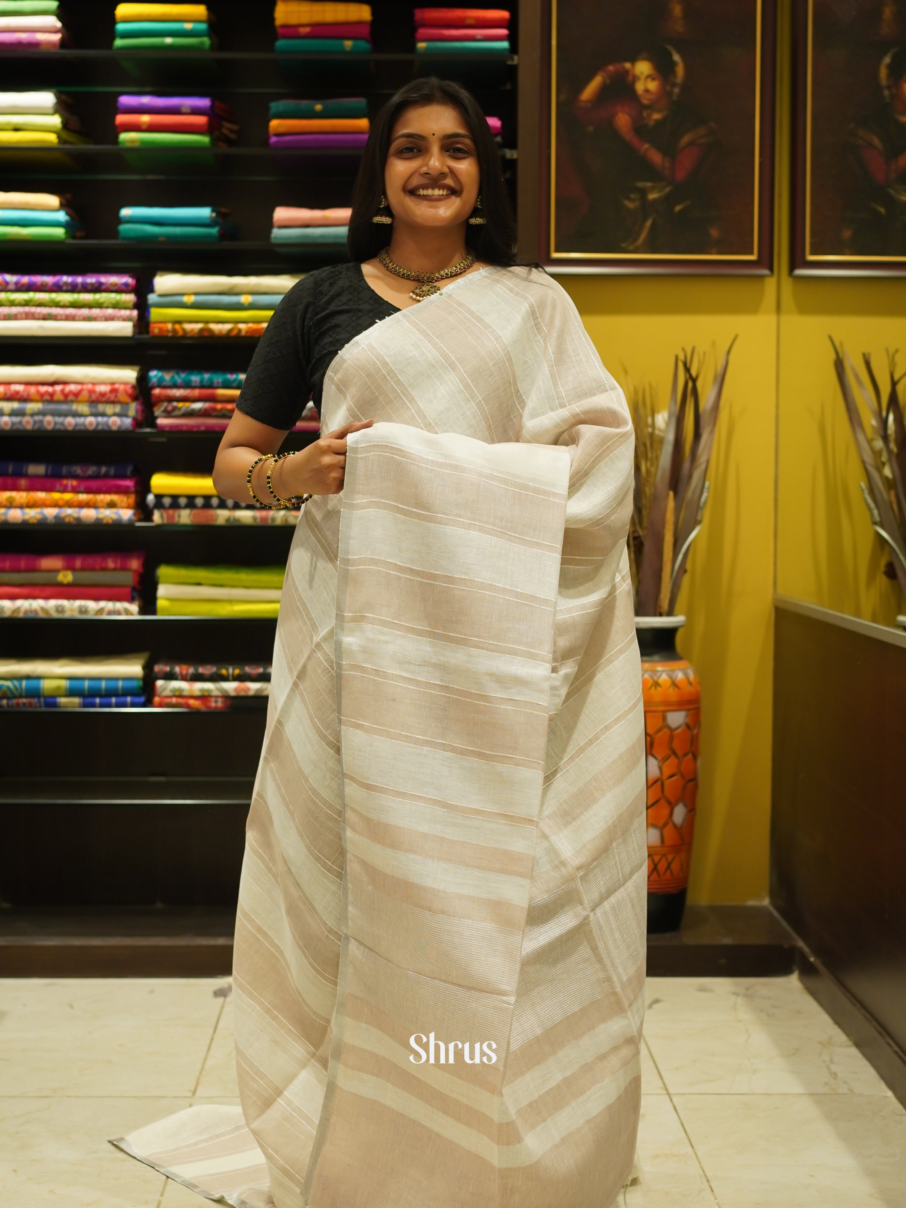 Cream & Grey - Linen Saree - Shop on ShrusEternity.com