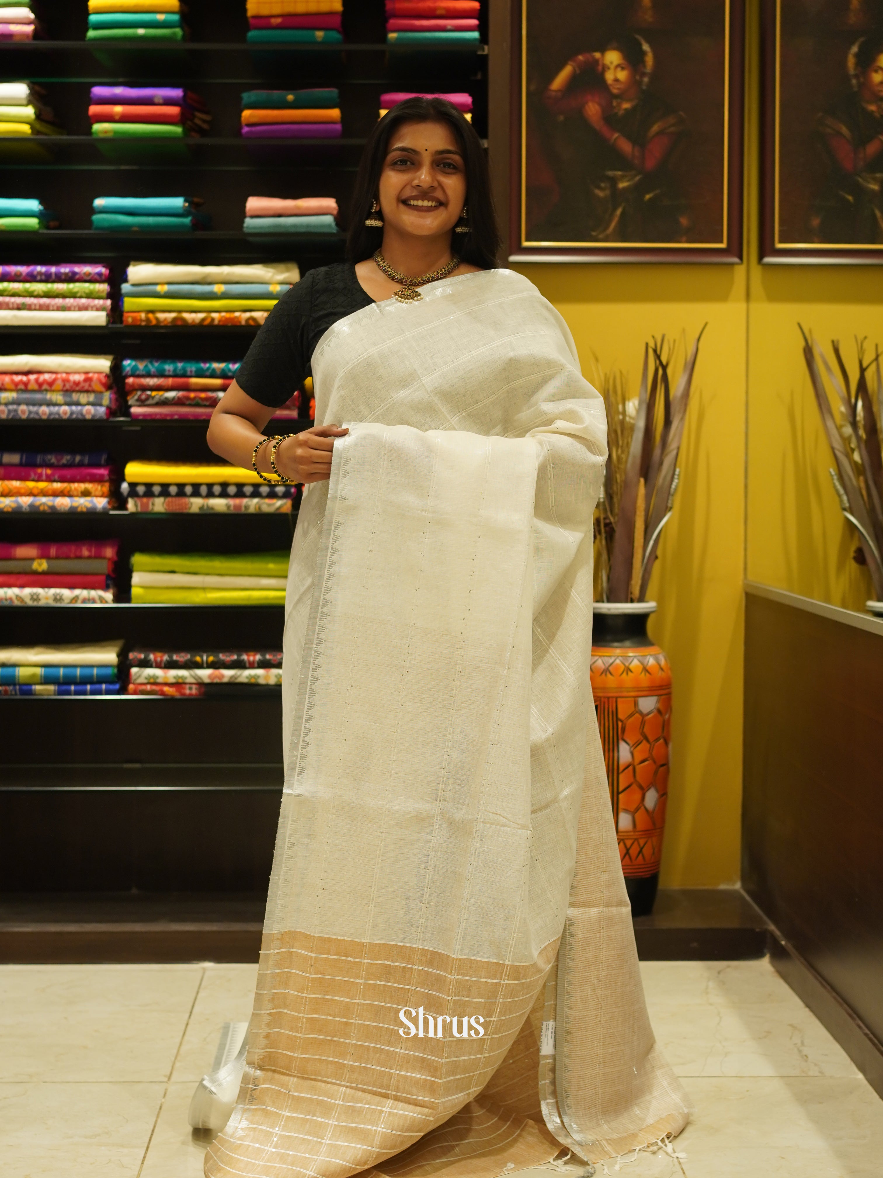 Cream & Gold - Linen Saree - Shop on ShrusEternity.com