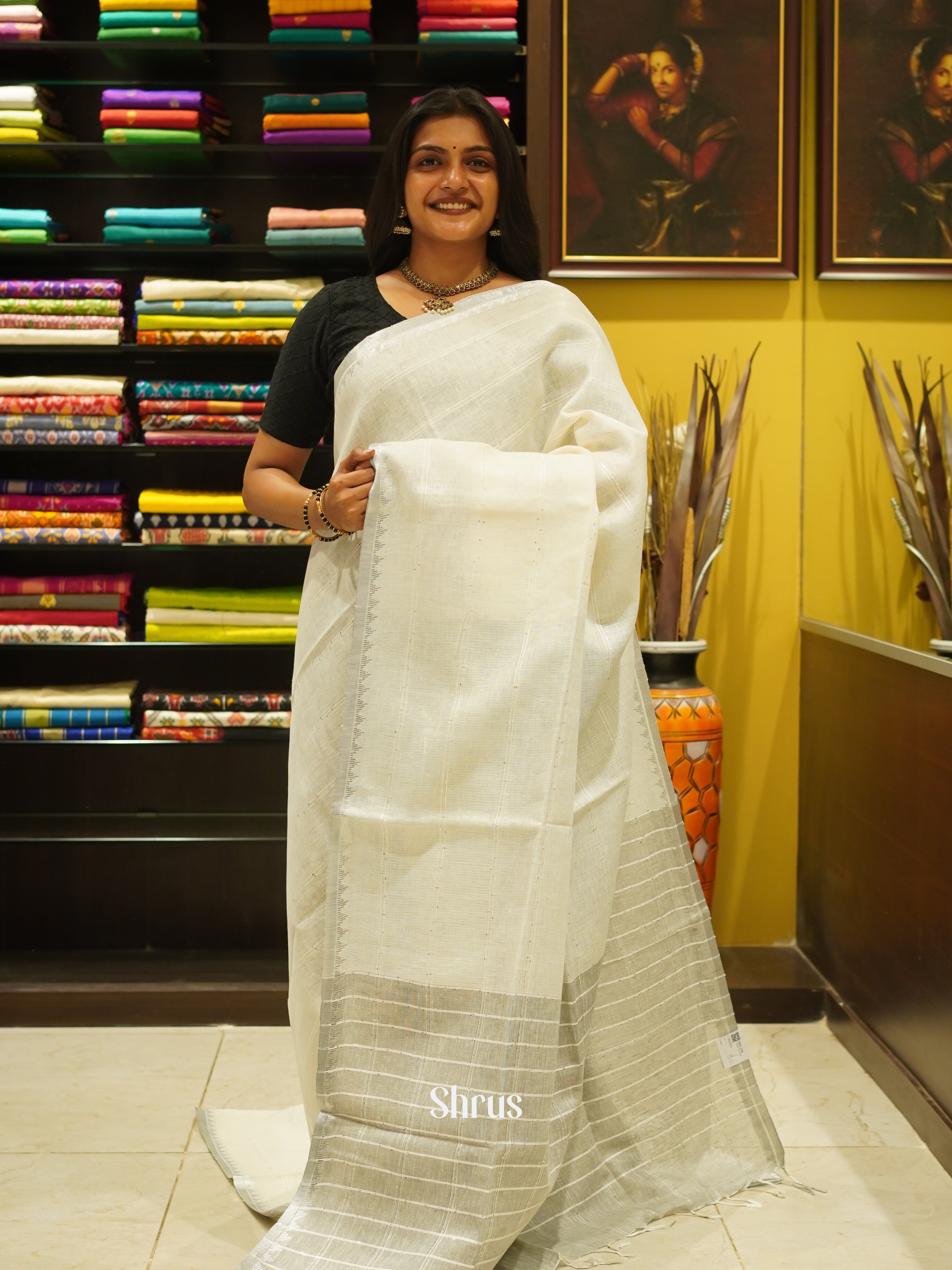 Cream & Grey - Linen Saree - Shop on ShrusEternity.com