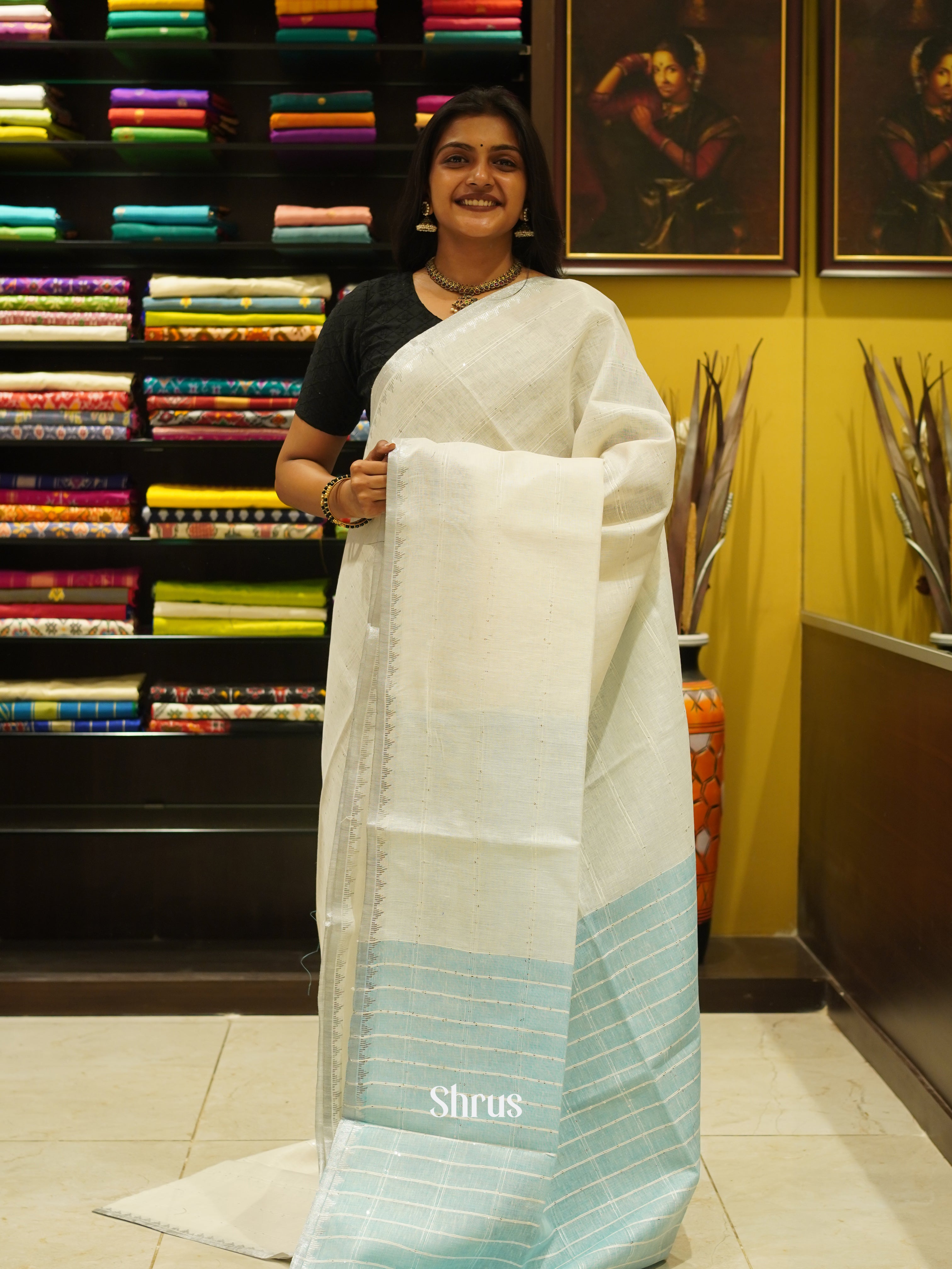 Cream & Blue - Linen Saree - Shop on ShrusEternity.com