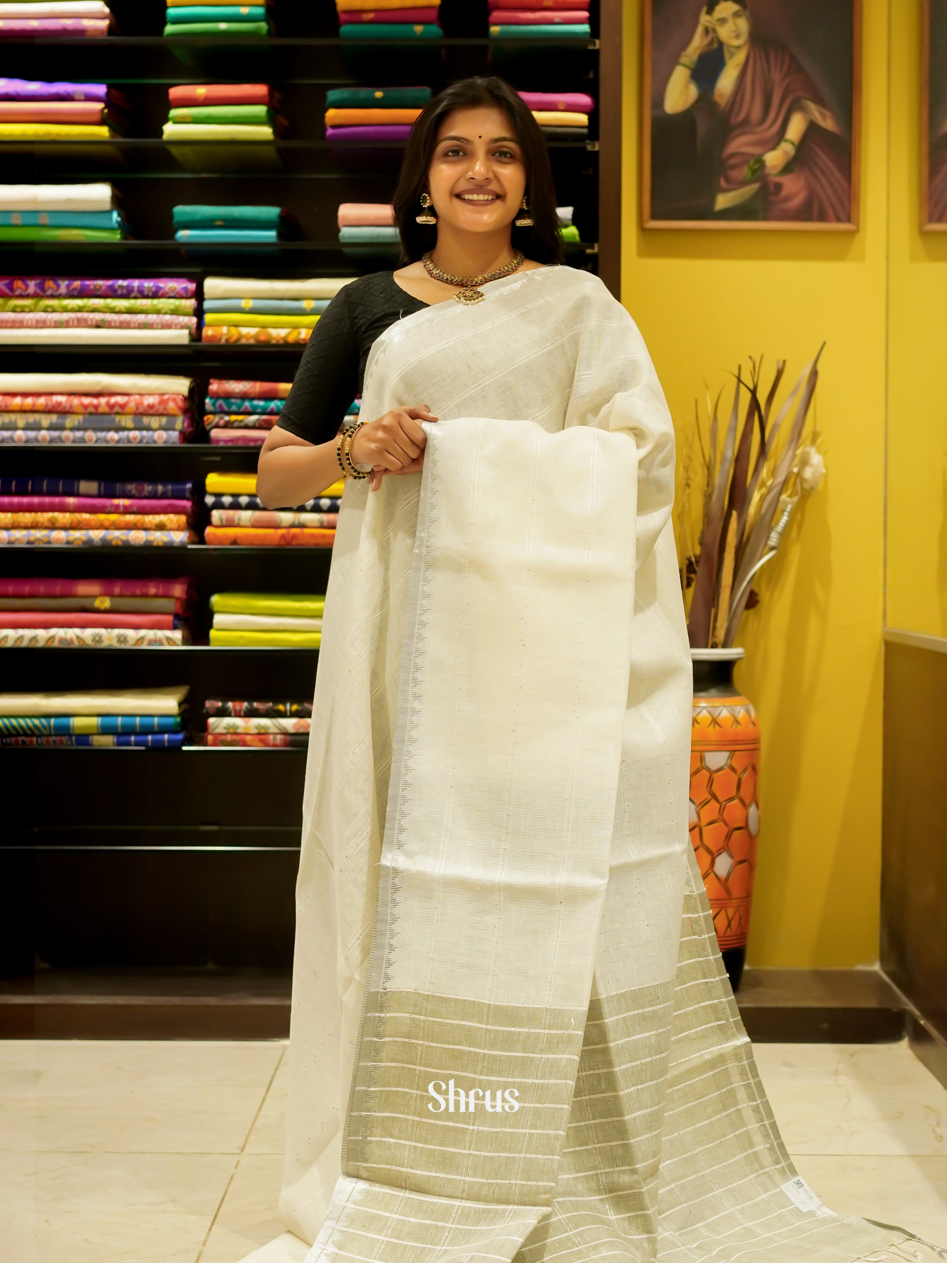 Cream(Single Tone) - Linen Saree - Shop on ShrusEternity.com