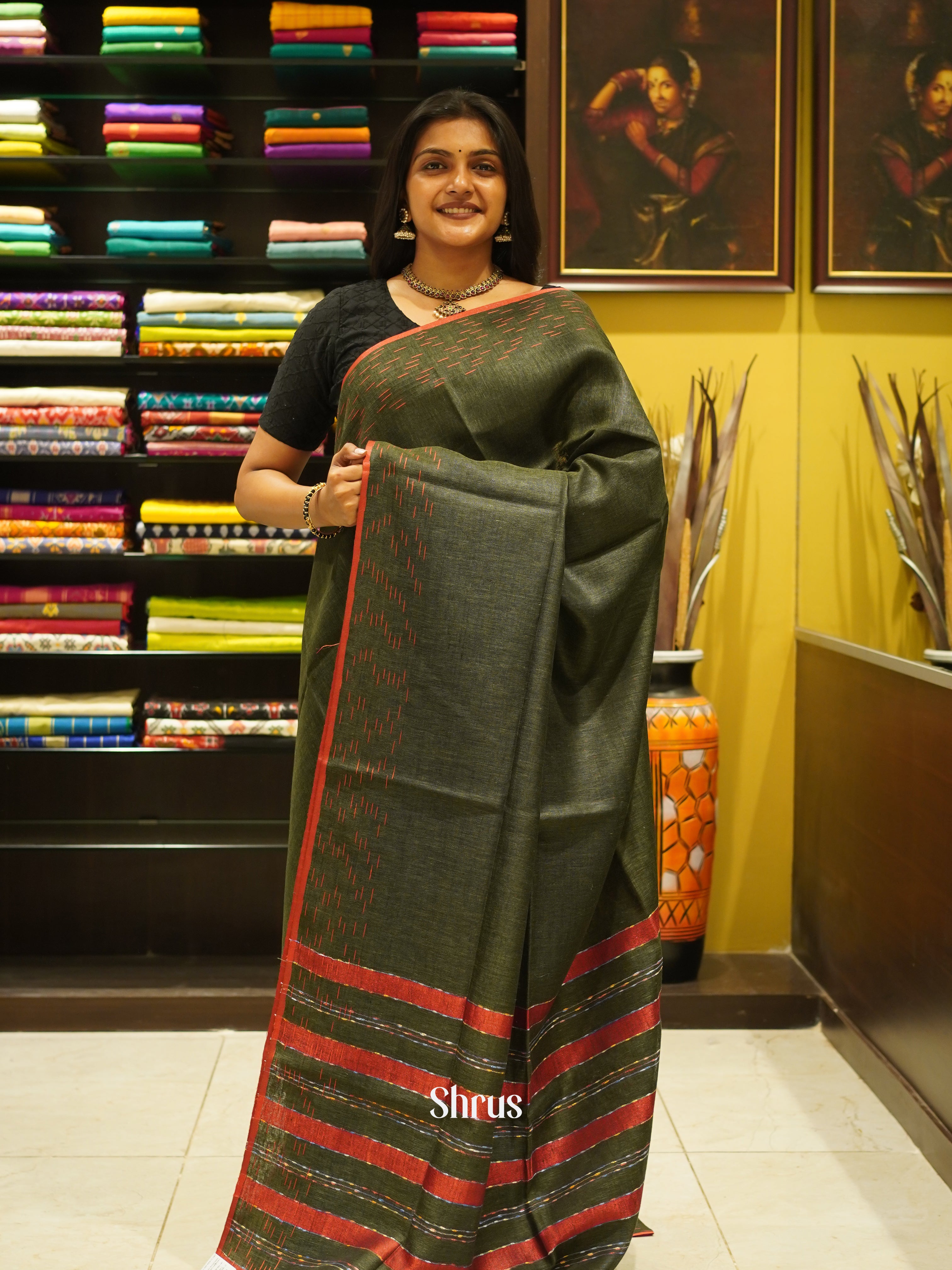 Green & Red - Linen Saree - Shop on ShrusEternity.com