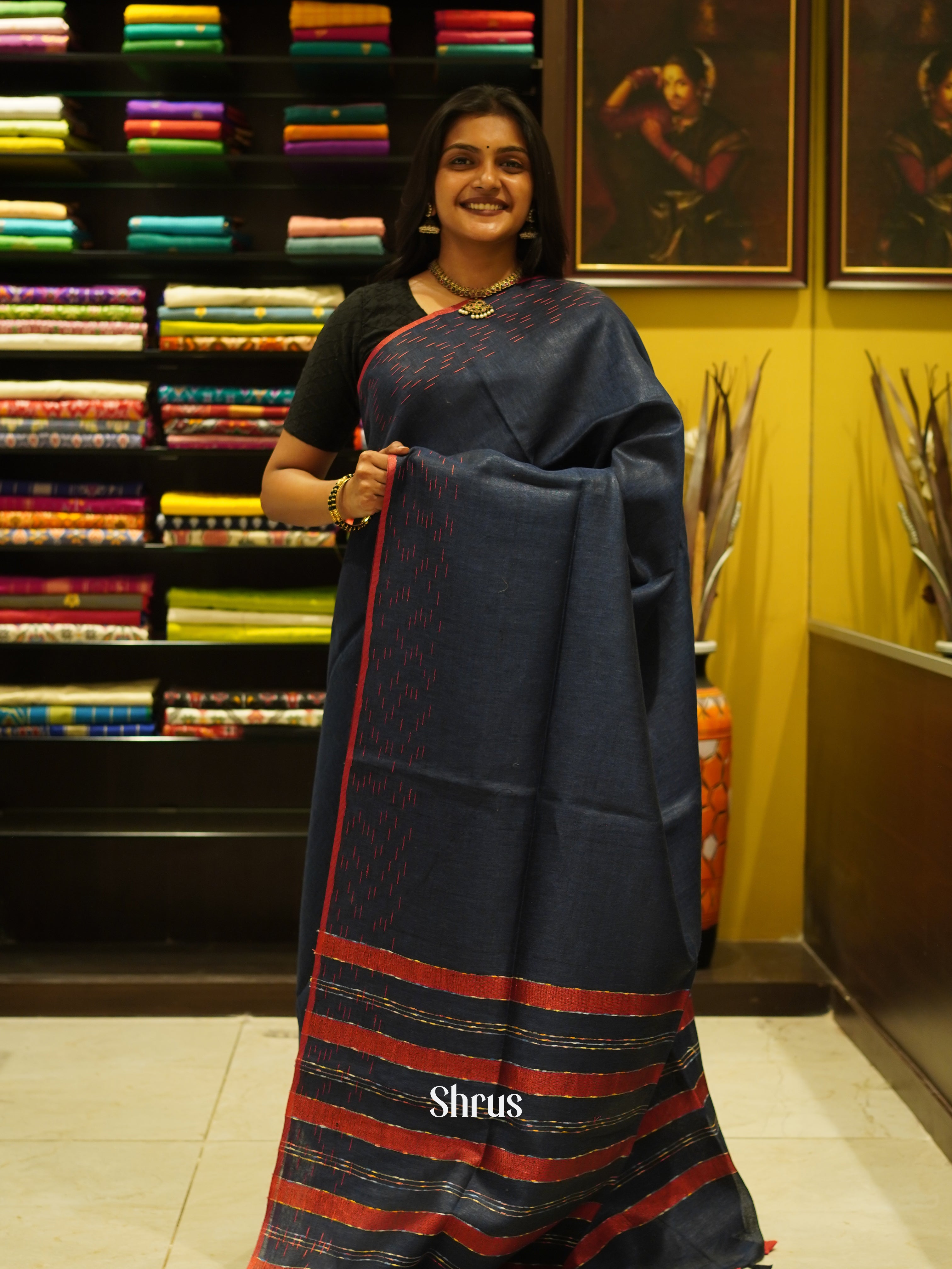 Black & Red - Linen Saree - Shop on ShrusEternity.com