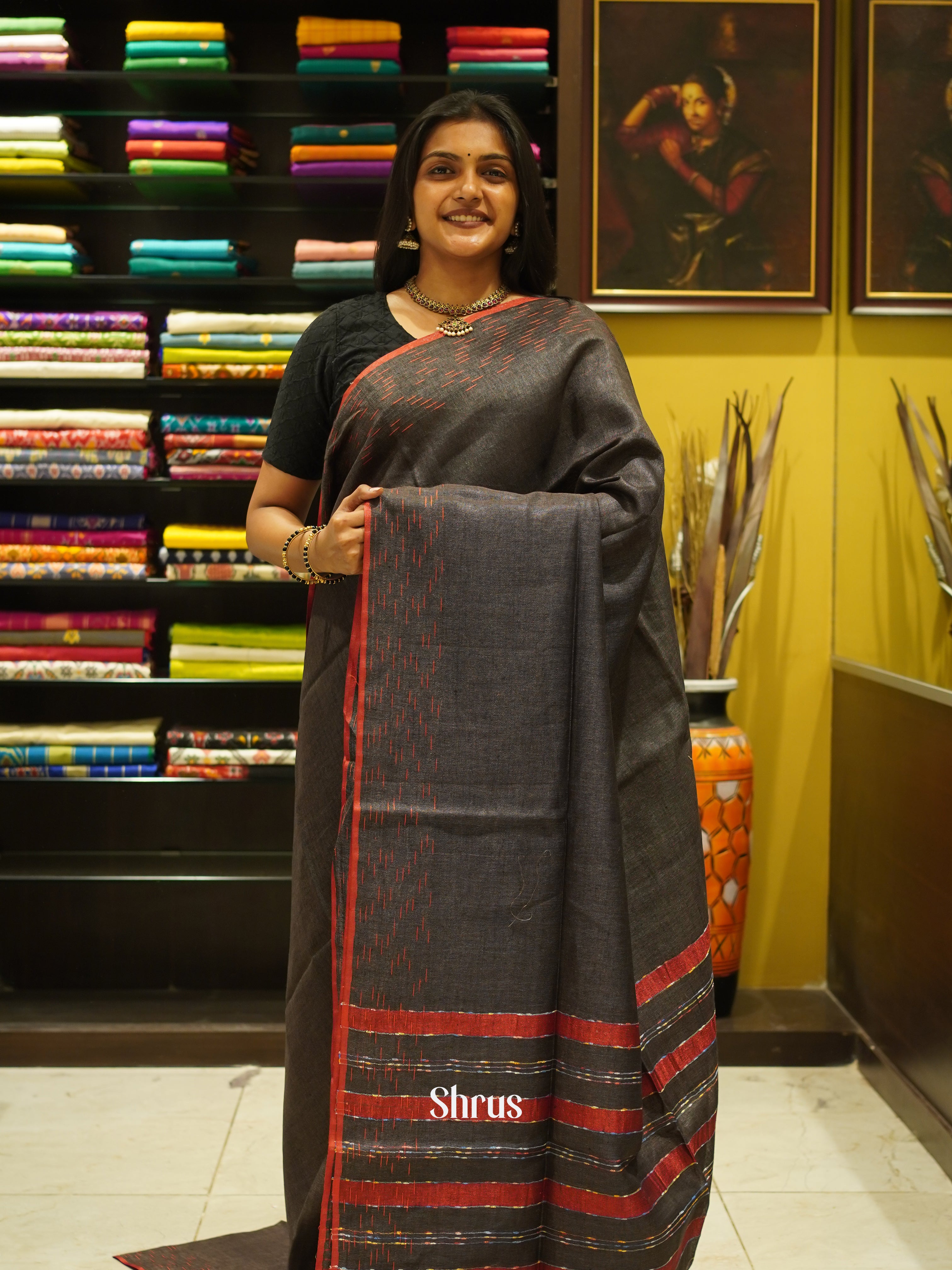 Grey & Red - Linen Saree - Shop on ShrusEternity.com