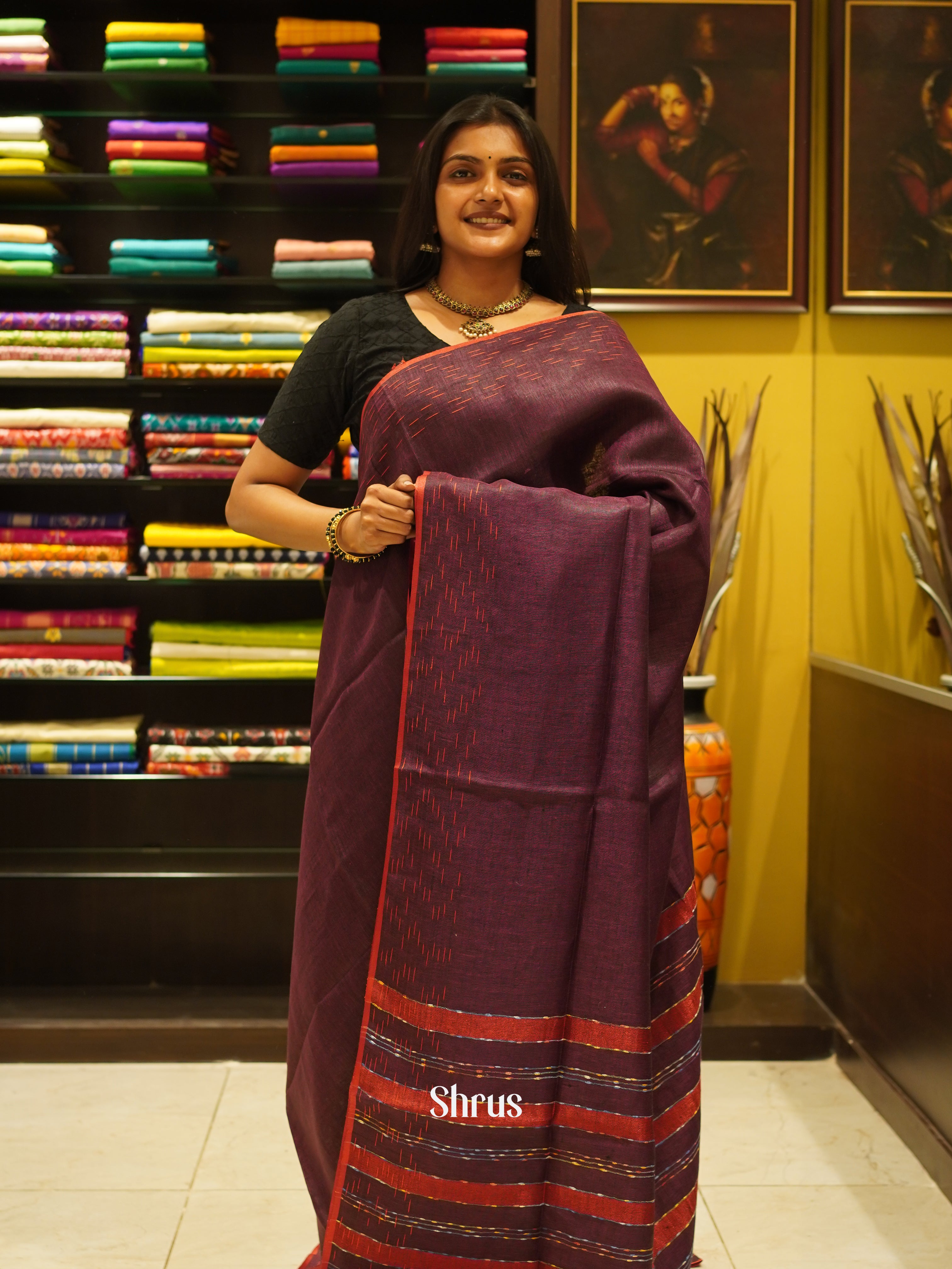 Wine & Red - Linen Saree - Shop on ShrusEternity.com