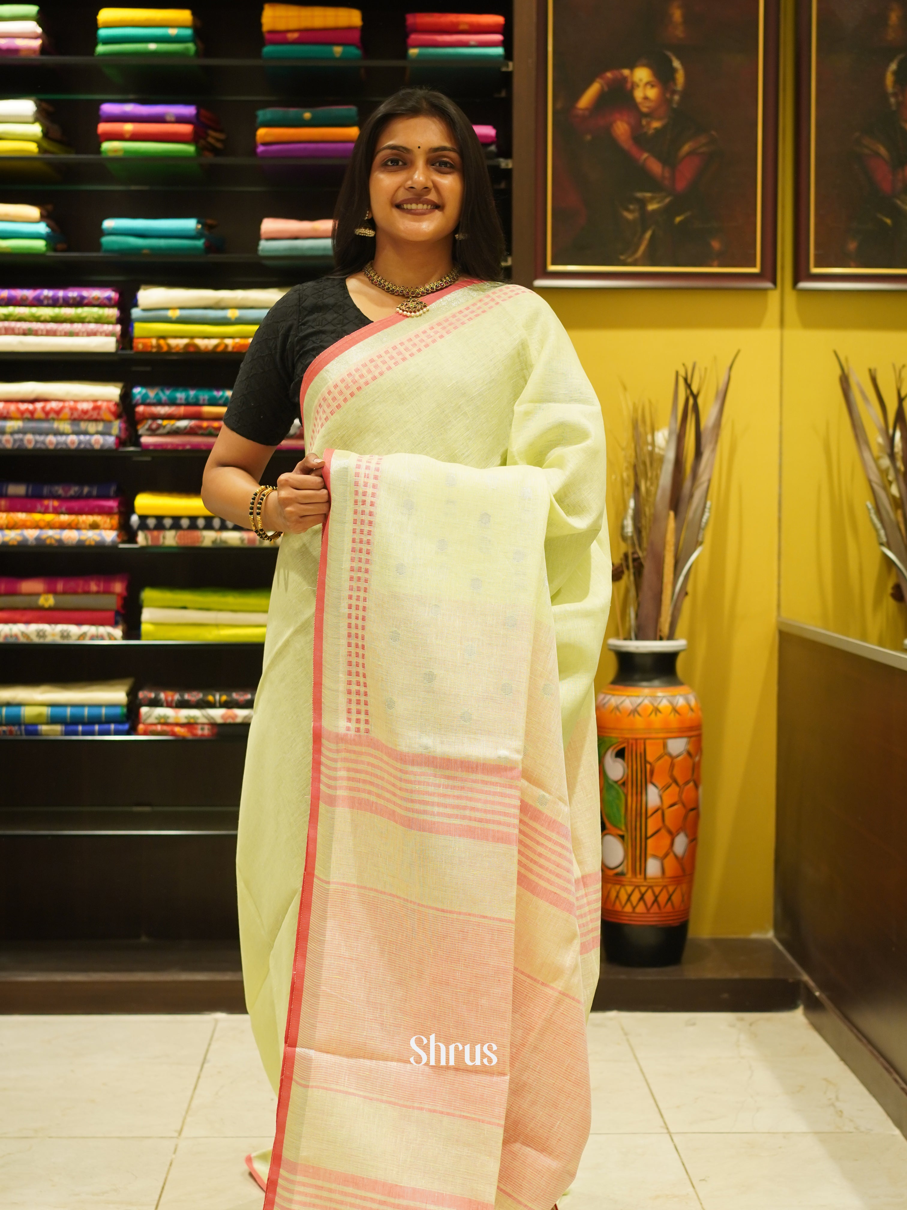 Green & Pink - Linen saree - Shop on ShrusEternity.com